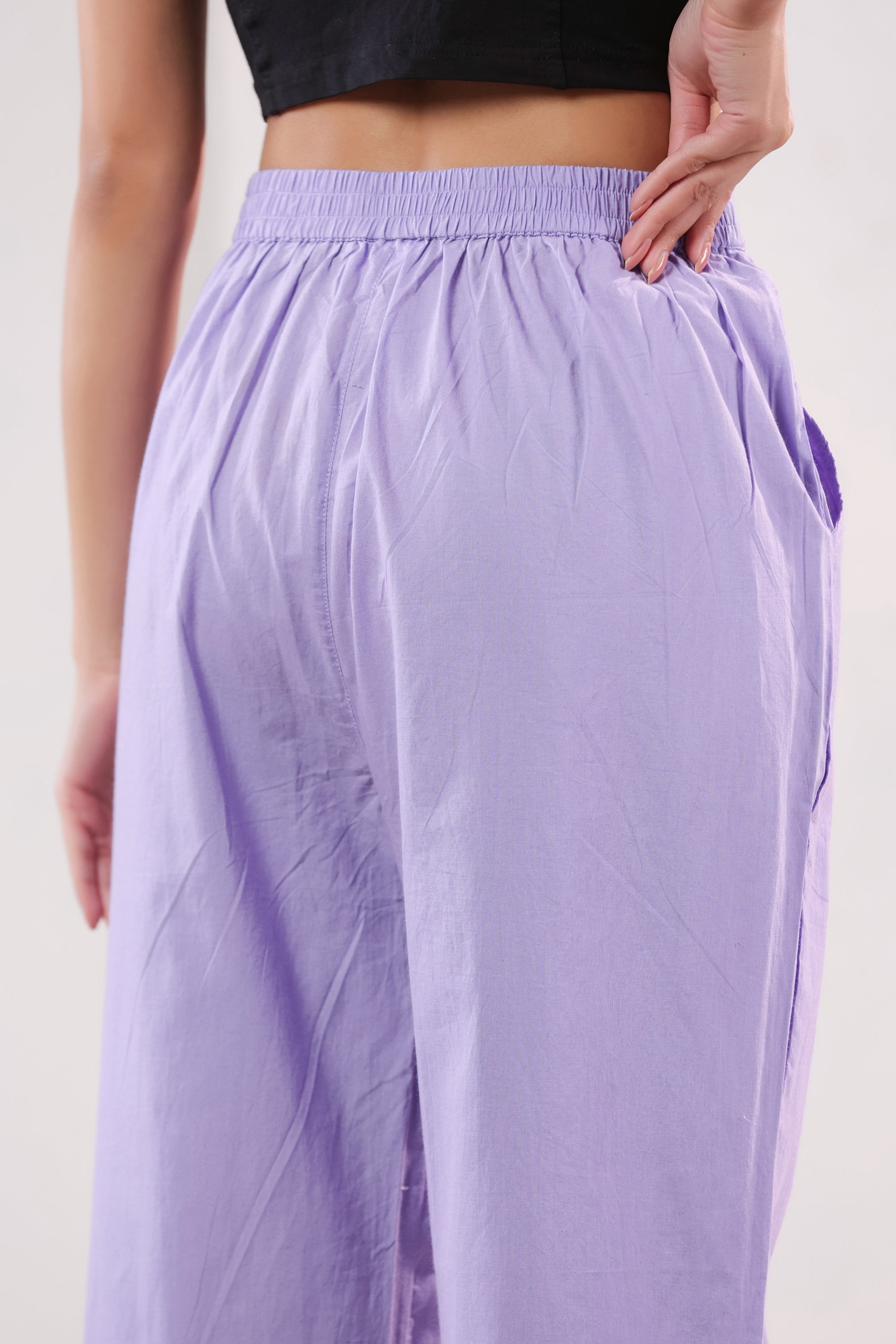 Solid Lavender Wide Leg Relaxed Fit Cotton Pants