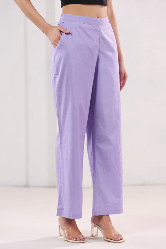 Solid Lavender High Waist Wide Leg Relaxed Fit Cotton Pants
