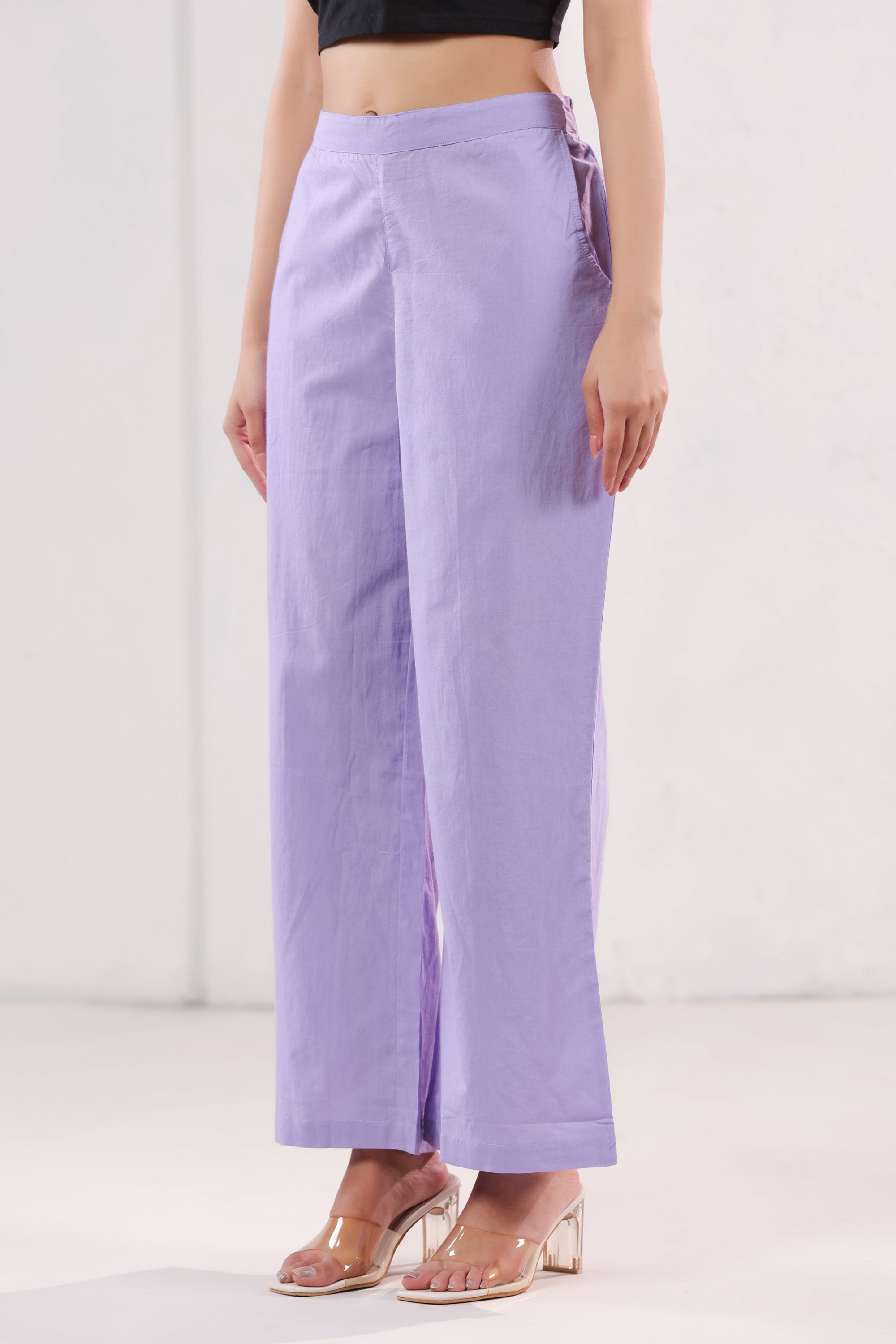 Solid Lavender Wide Leg Relaxed Fit Cotton Pants