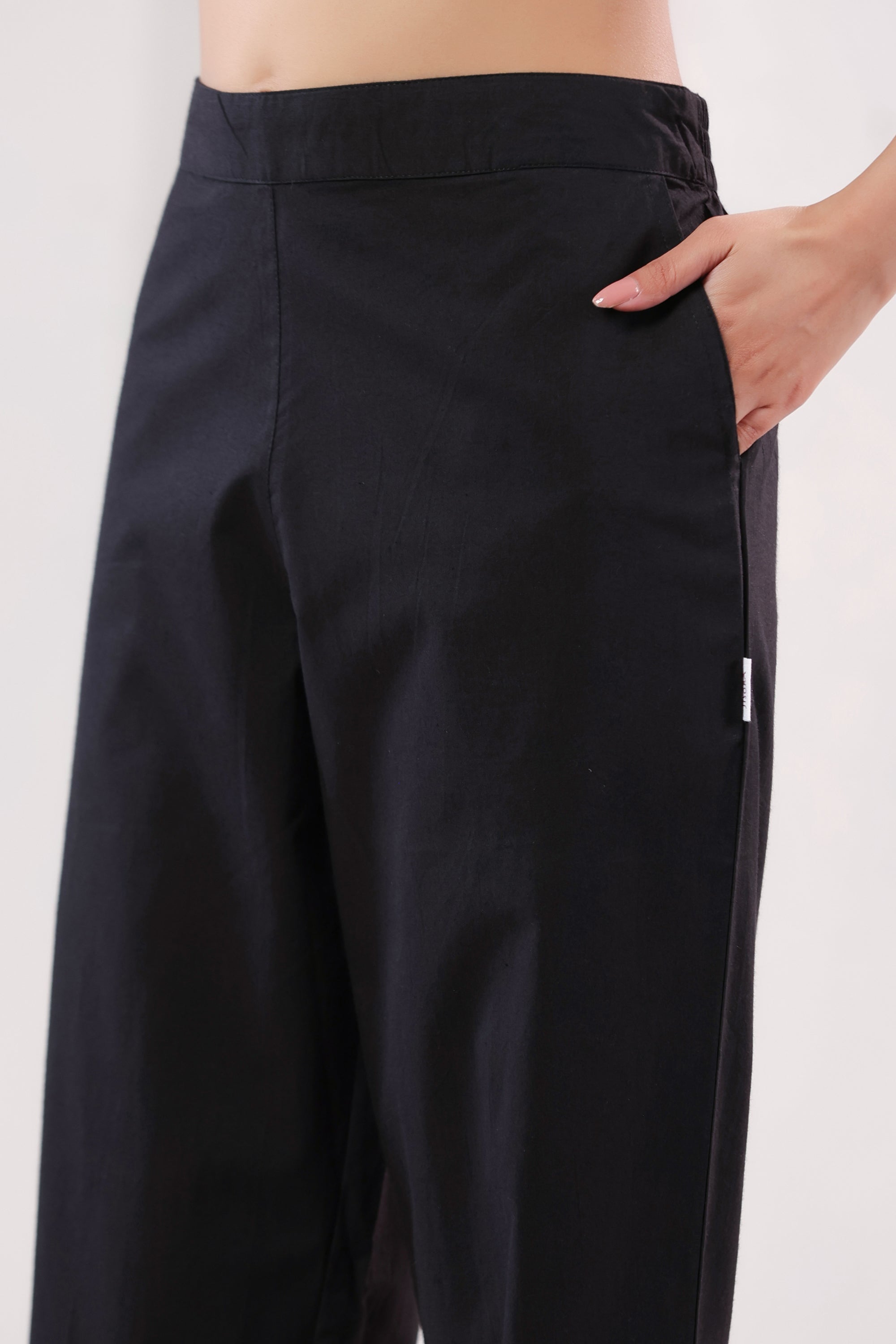Solid Black Straight Ankle Length Cotton Pants