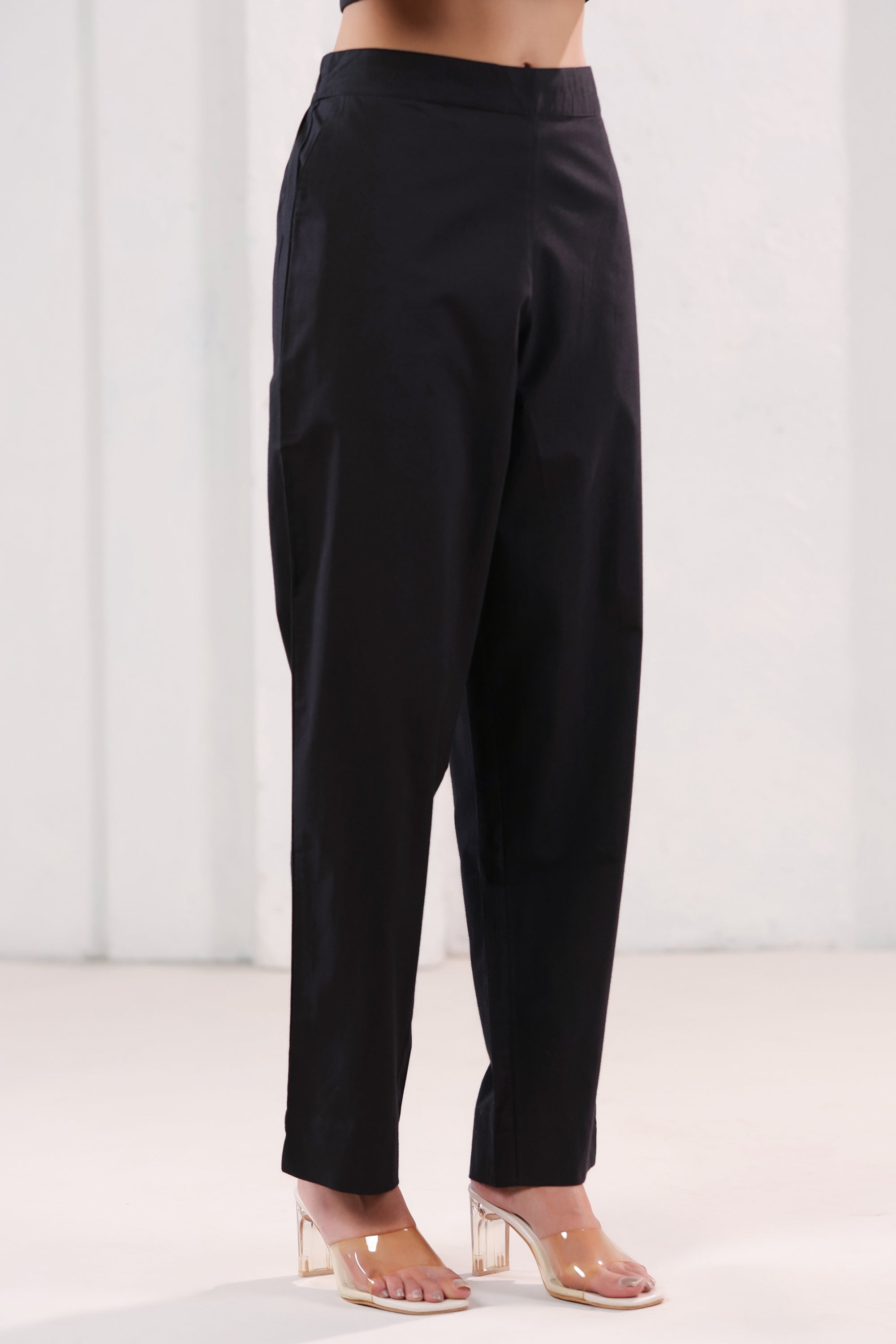 Solid Black Straight Ankle Length Cotton Pants