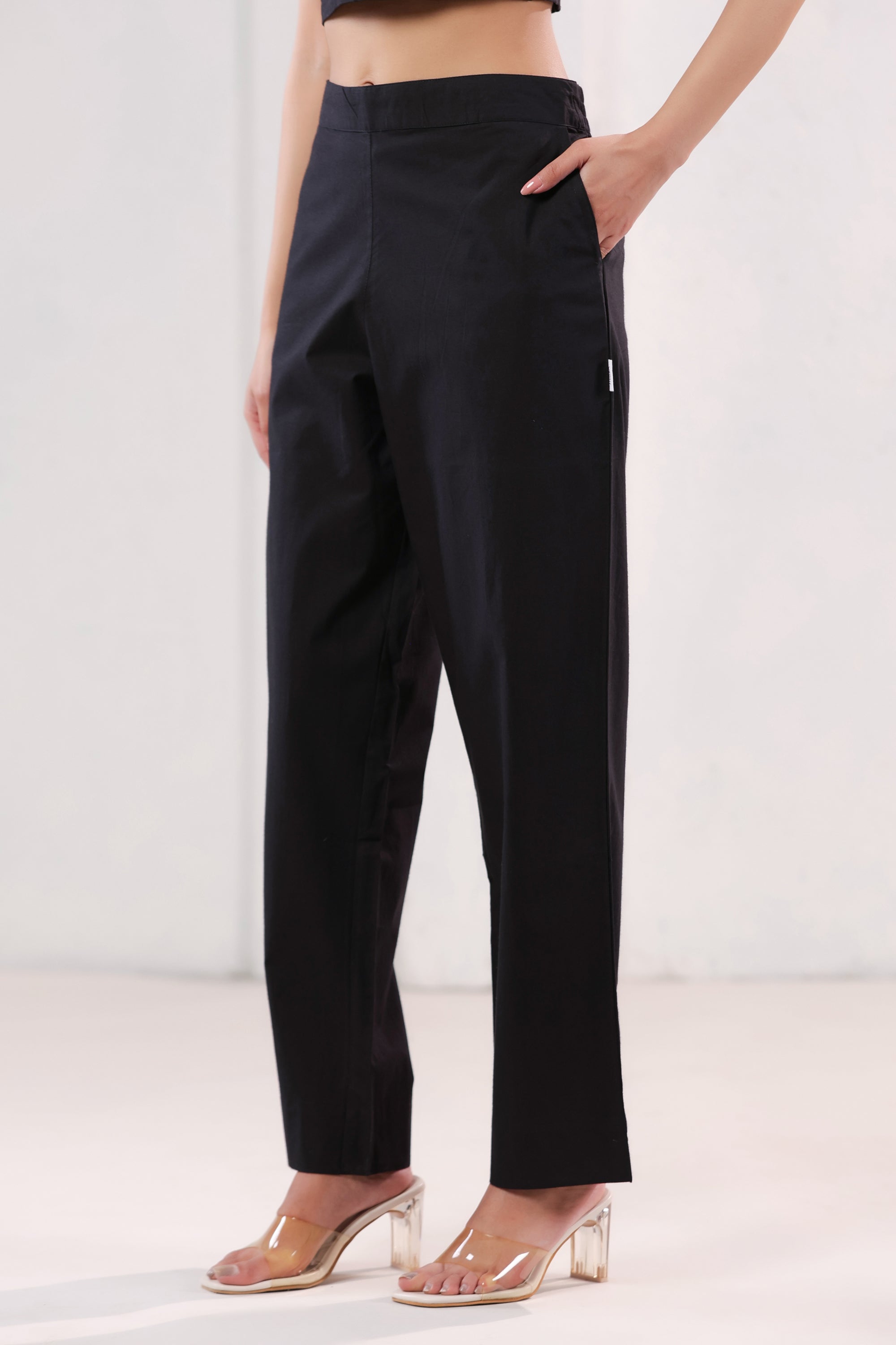 Solid Black Straight Ankle Length Cotton Pants