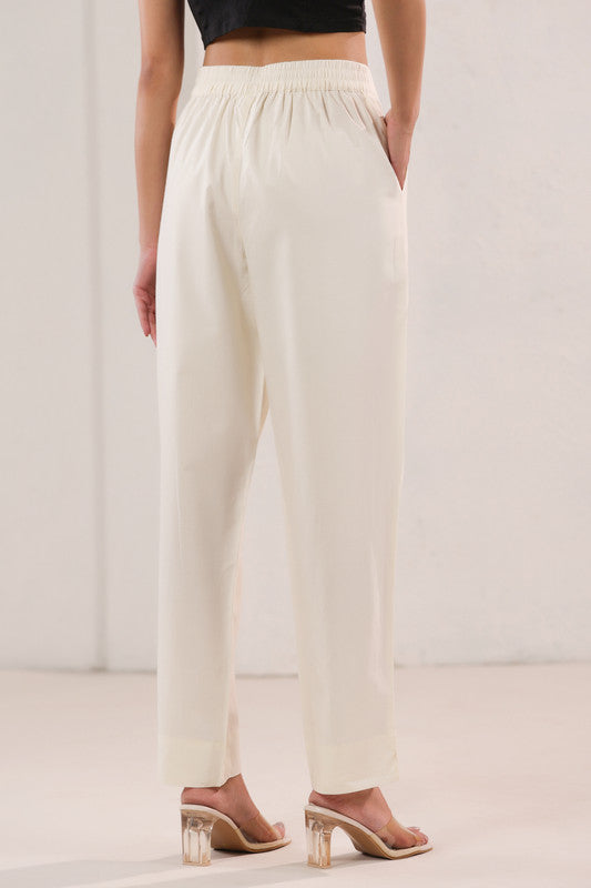 Solid Off-White High Waist Straight Fit Cotton Pants