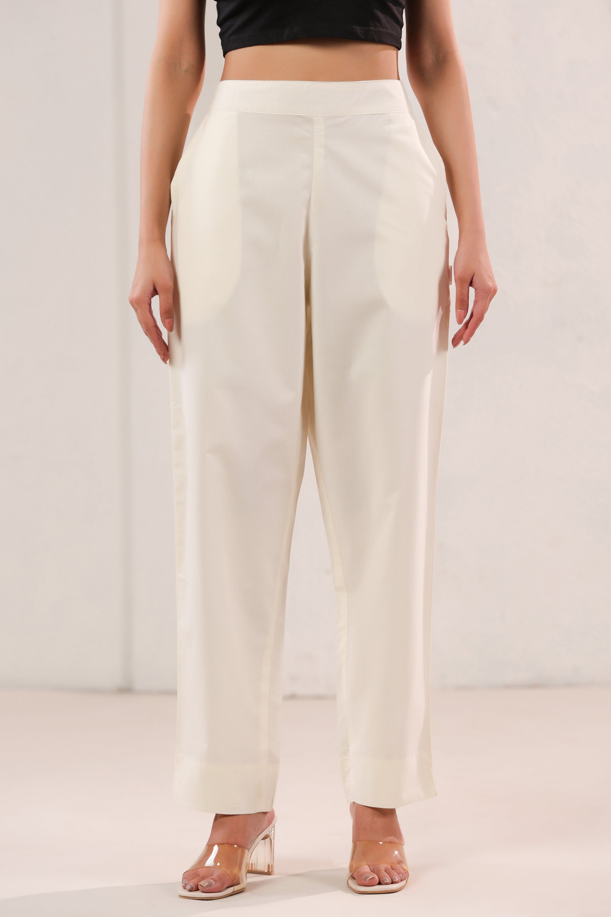 Solid Off-White High Waist Straight Fit Cotton Pants