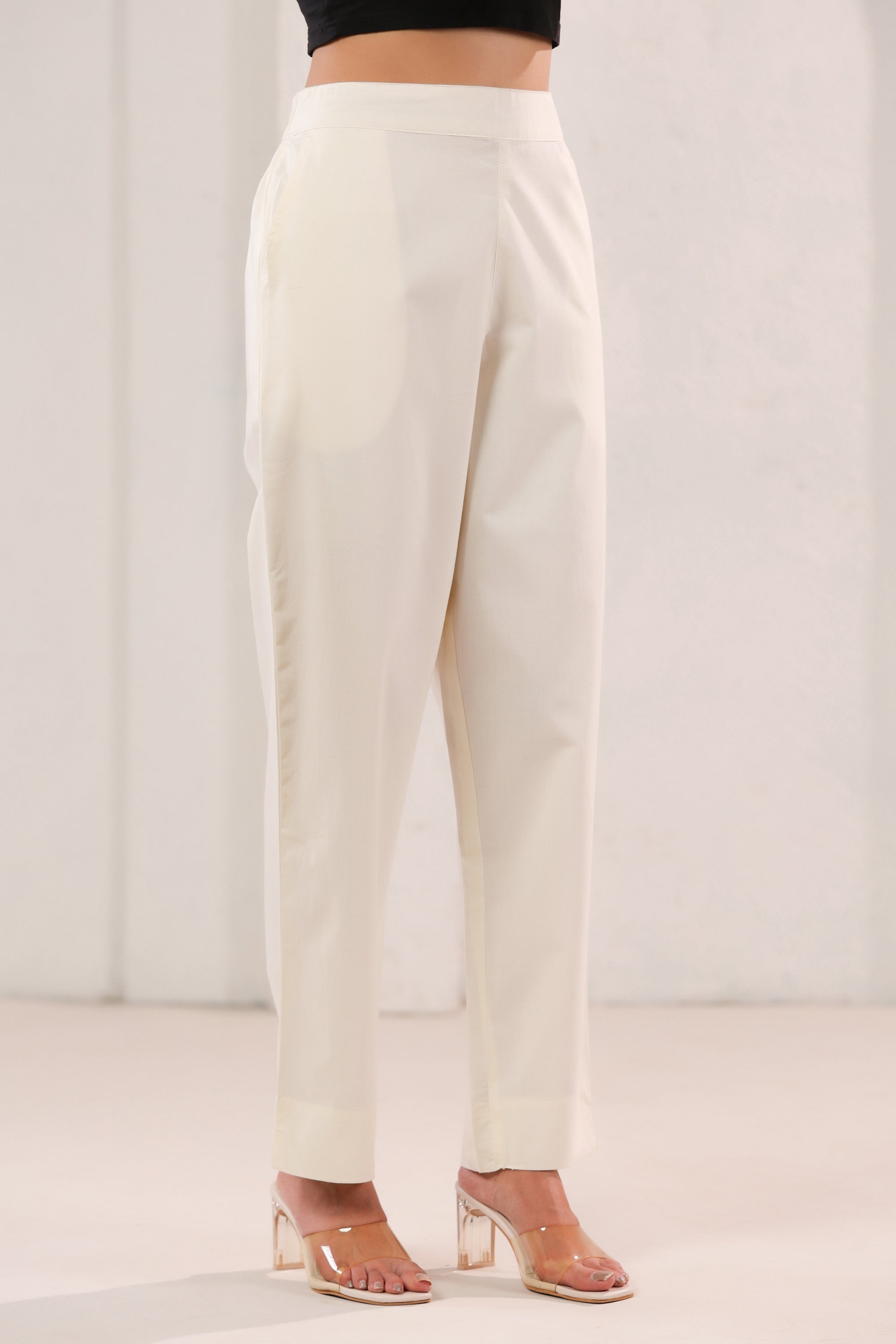 Solid Off-White High Waist Straight Fit Cotton Pants