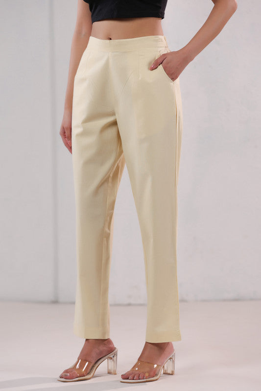 Solid Cream High Waist Straight Fit Cotton Pants
