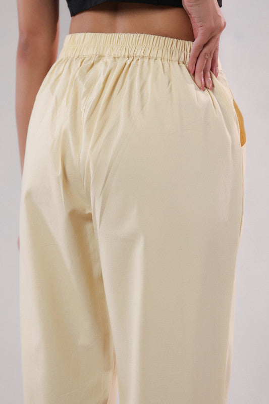 Solid Cream High Waist Straight Fit Cotton Pants