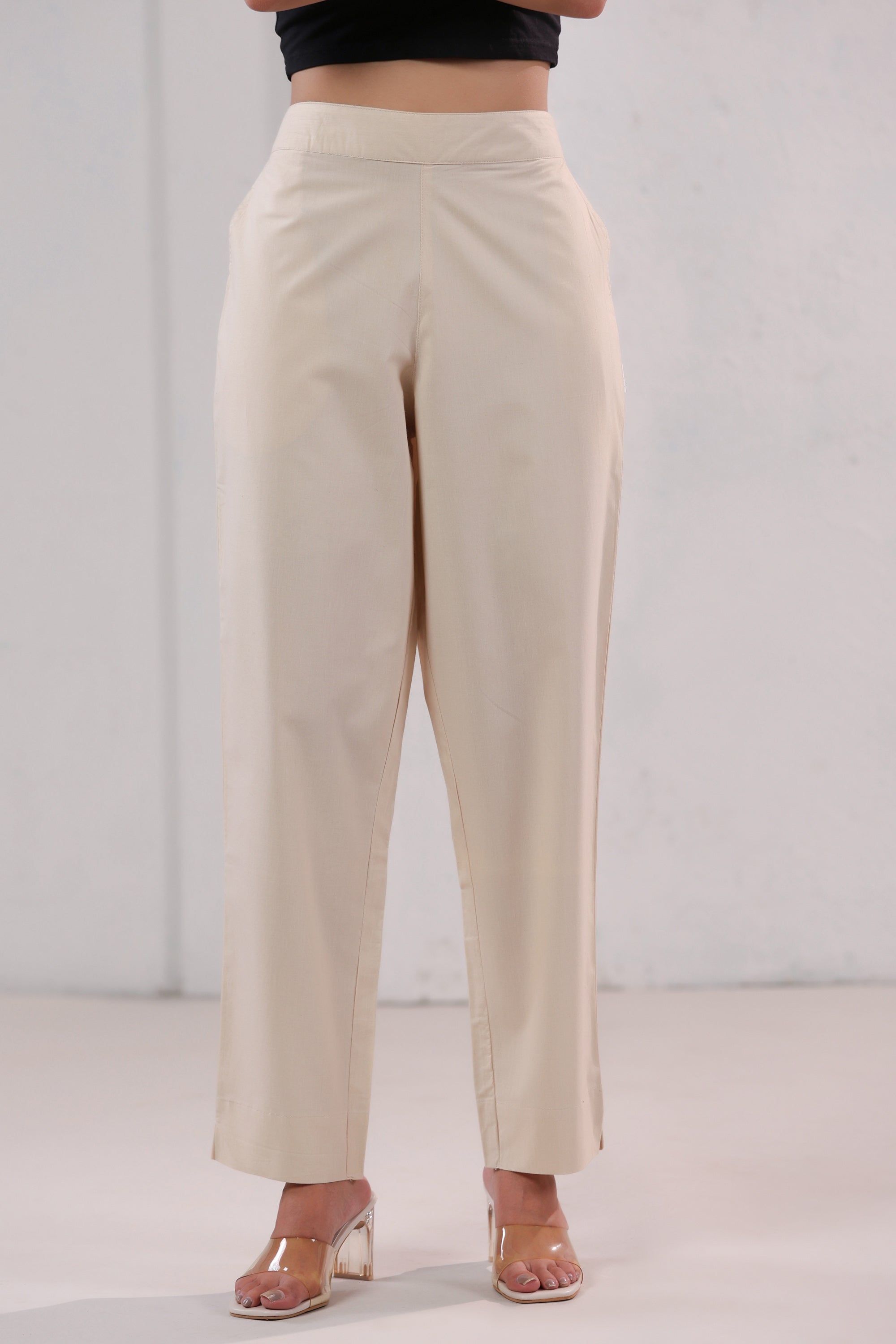 Minimal Solid Beige Office Wear Straight Cotton Pants