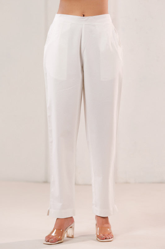 Solid White Straight Fit & Ankle Length Cotton Pants