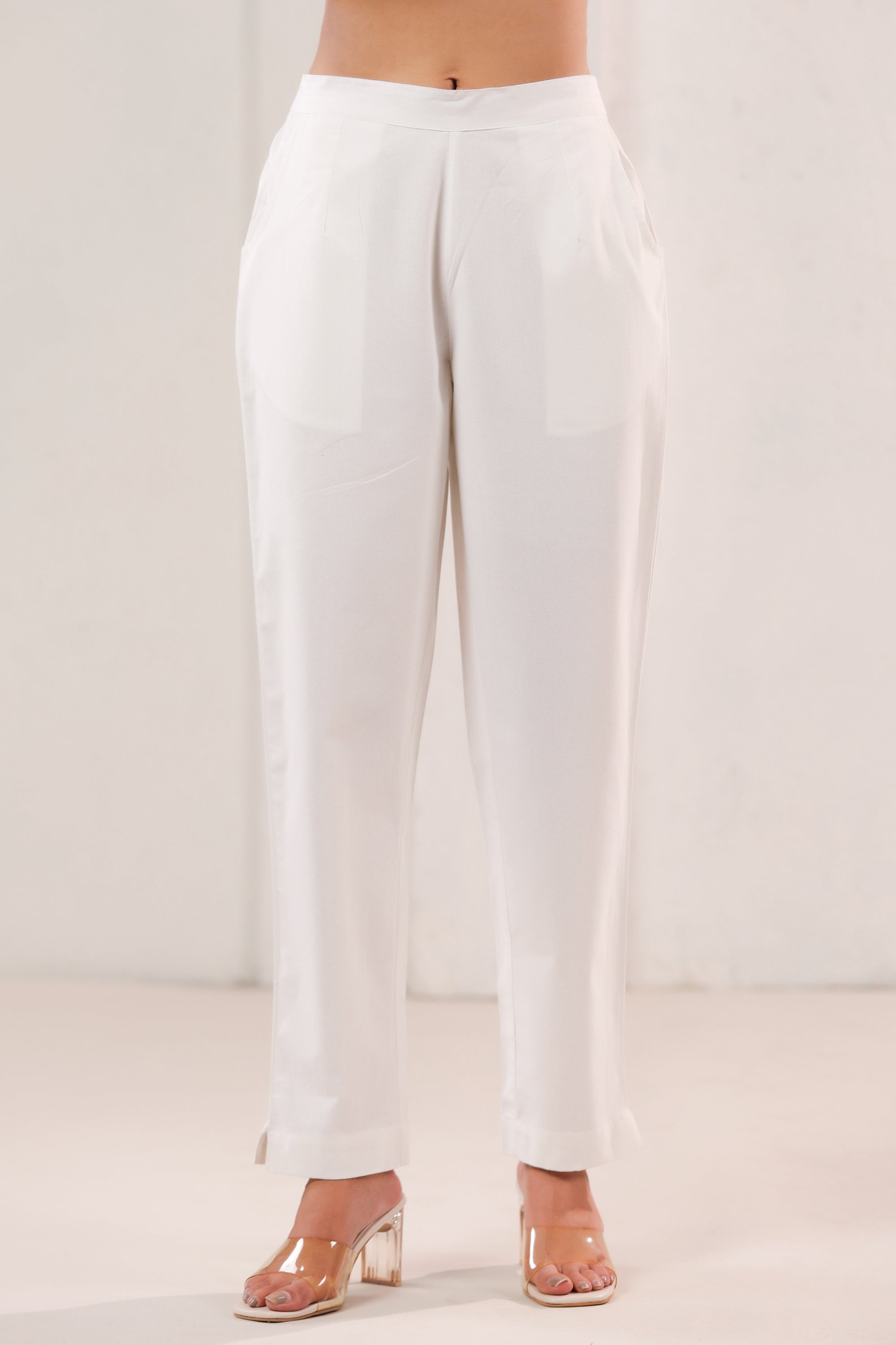 Solid White Straight Fit & Ankle Length Cotton Pants