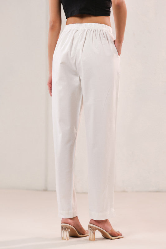 Solid White Straight Fit & Ankle Length Cotton Pants