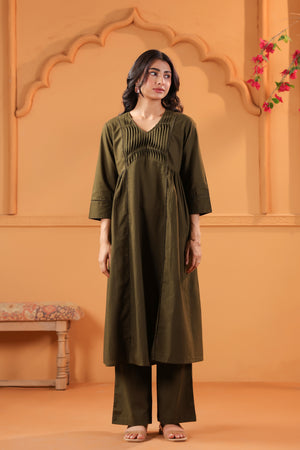 Olive Solid Cotton Minimal Pleated A-Line Kurta Set