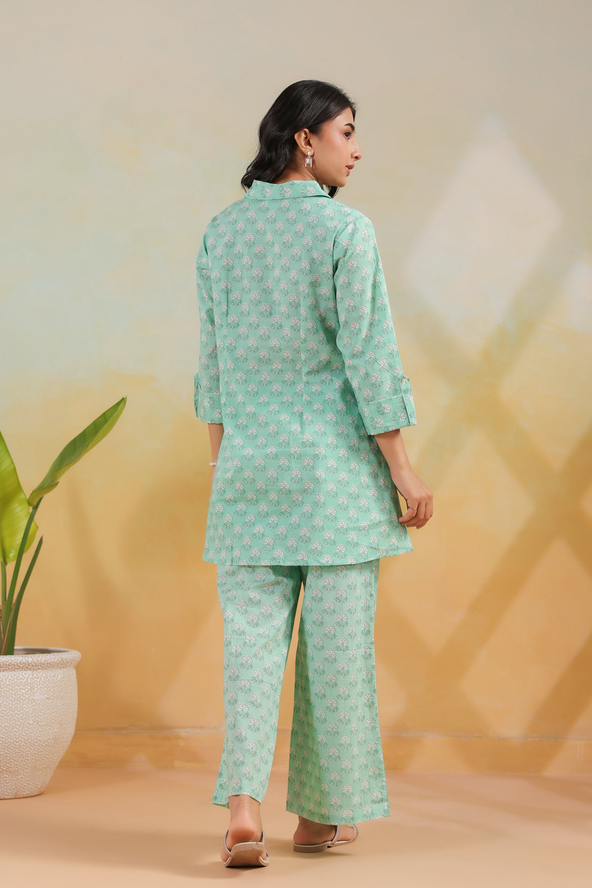 Green Floral Blossom Printed Regular Fit Cotton Co-ord Set