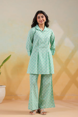 Green Floral Blossom Printed Regular Fit Cotton Co-ord Set