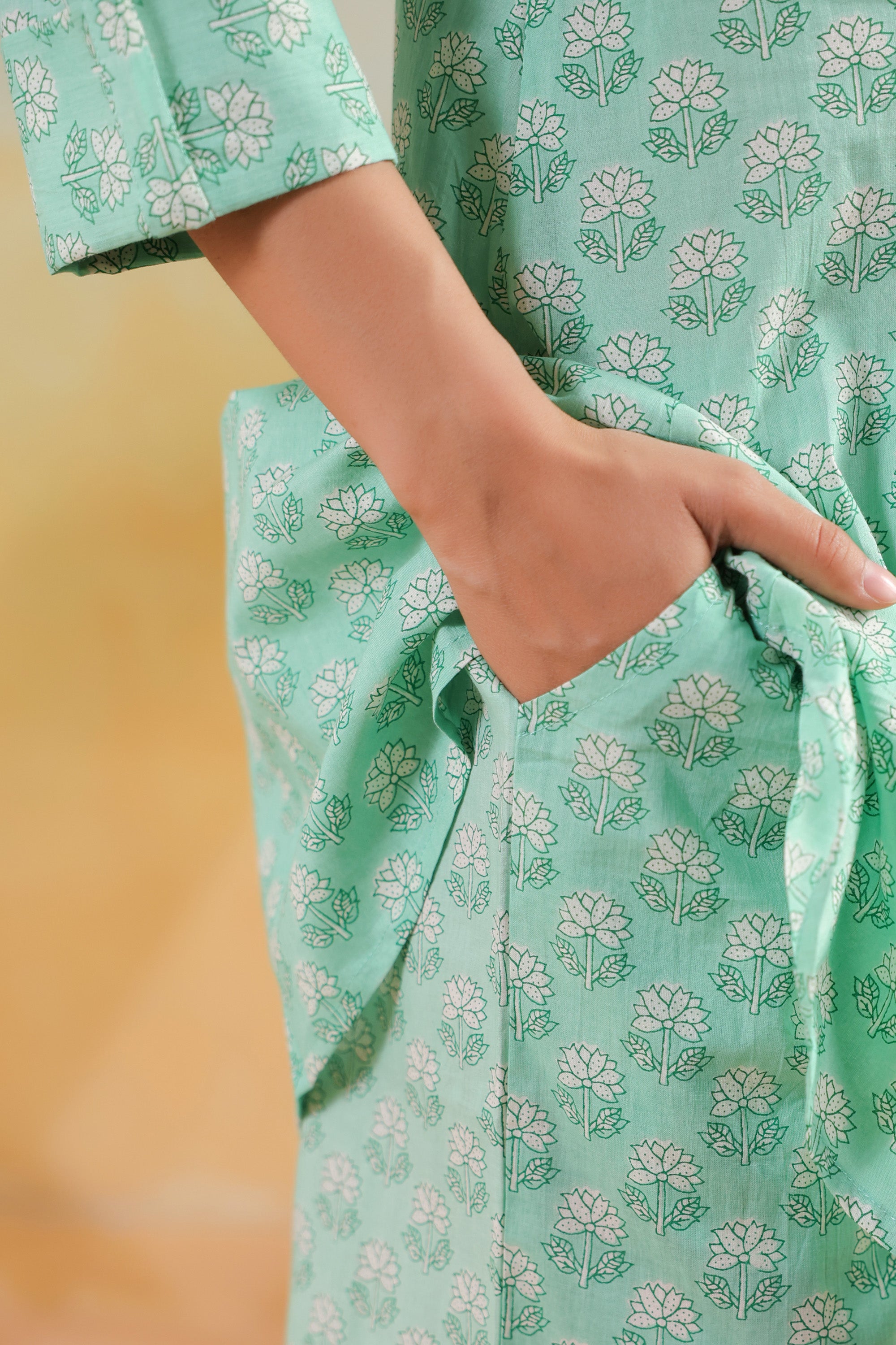 Green Floral Blossom Printed Regular Fit Cotton Co-ord Set