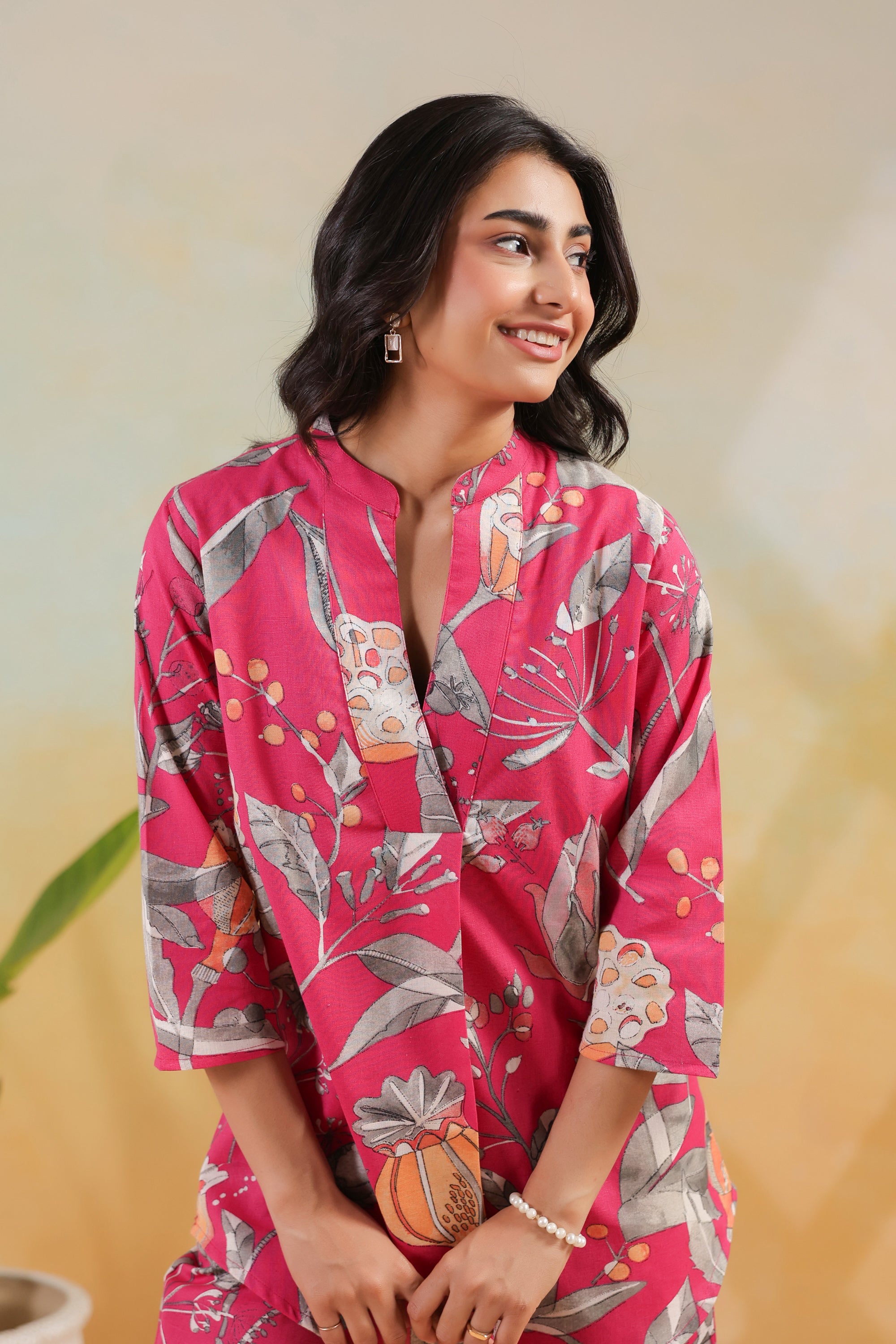 Pink Tropical Leaf Printed Cotton Flex Regular Fit Co-ord Set