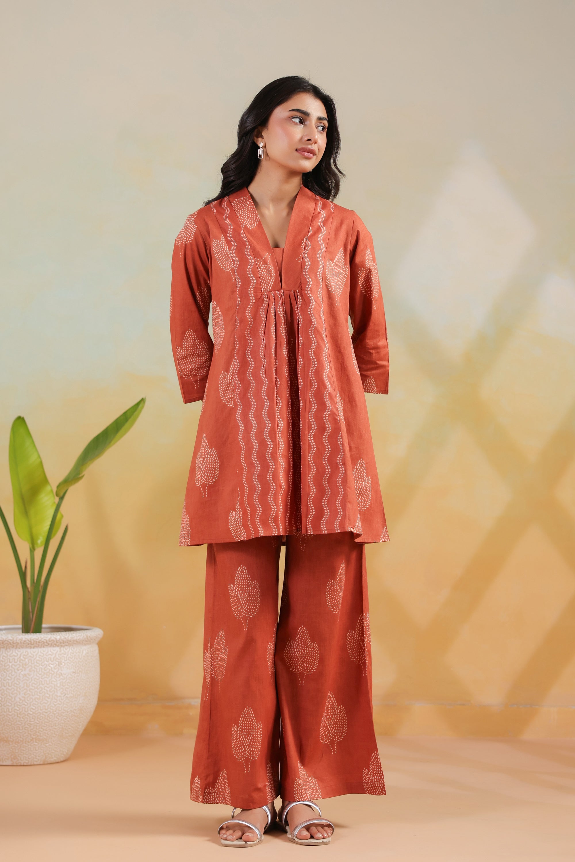 Rust Artisan Vertical Pattern Printed Cotton Co-ord Set