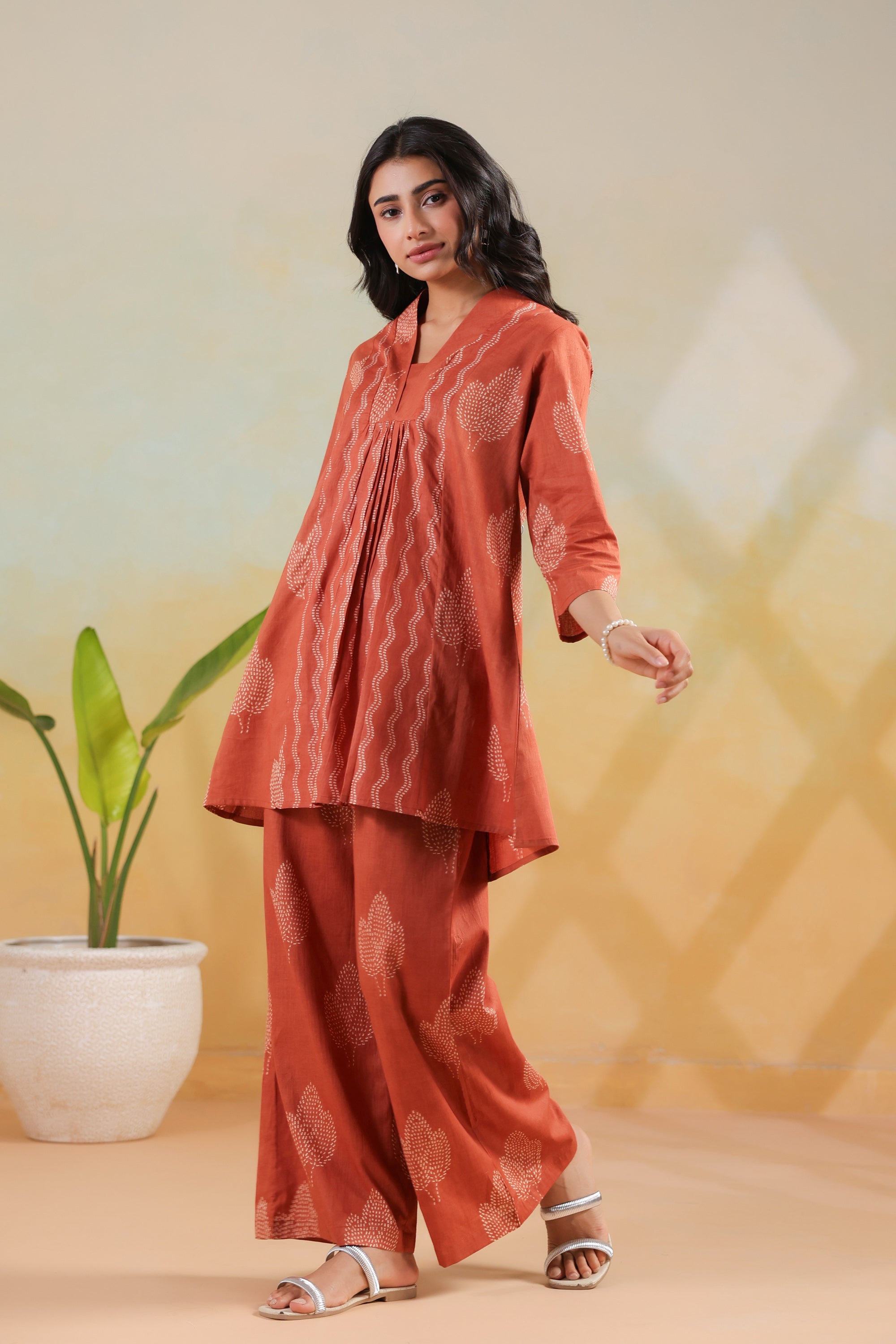 Rust Artisan Vertical Pattern Printed Cotton Co-ord Set