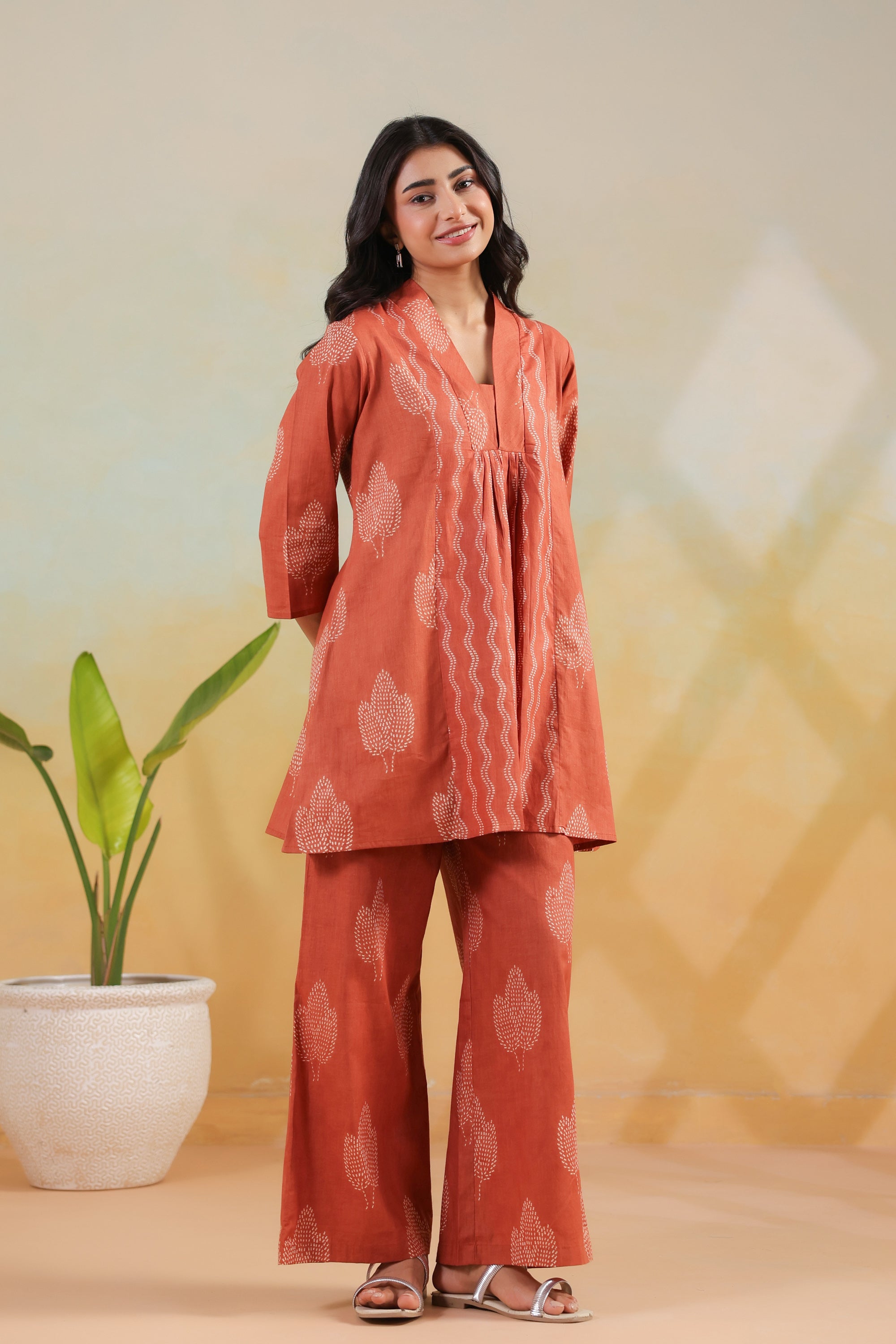 Rust Artisan Vertical Pattern Printed Cotton Co-ord Set