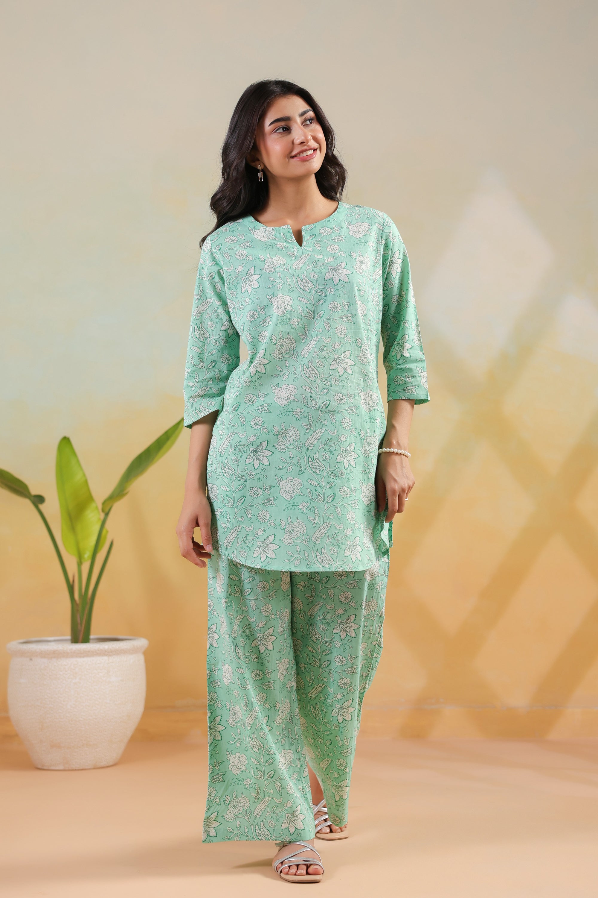 Green Botanical Printed Cotton Casual Co-ord Set