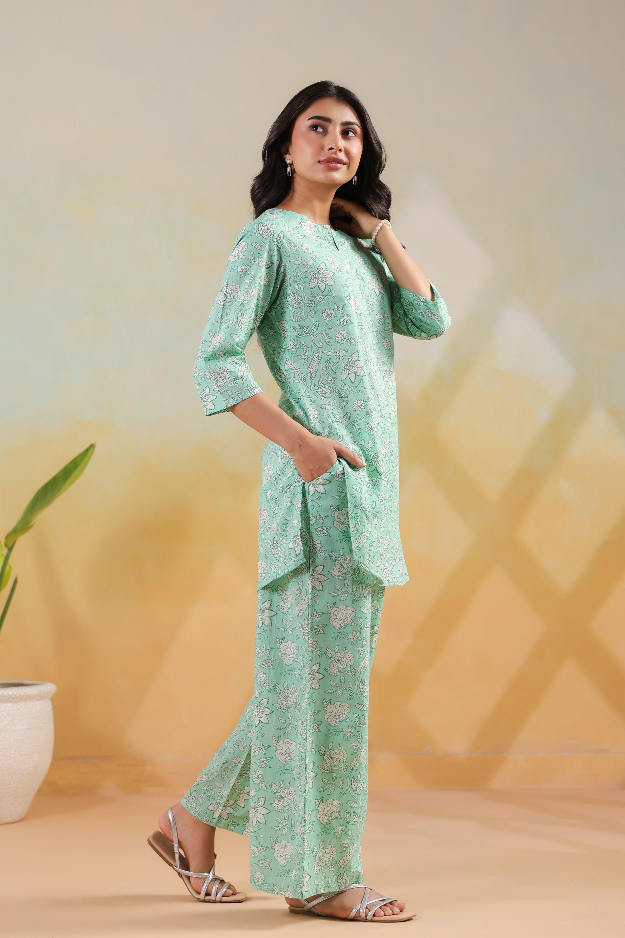 Green Botanical Printed Cotton Casual Co-ord Set