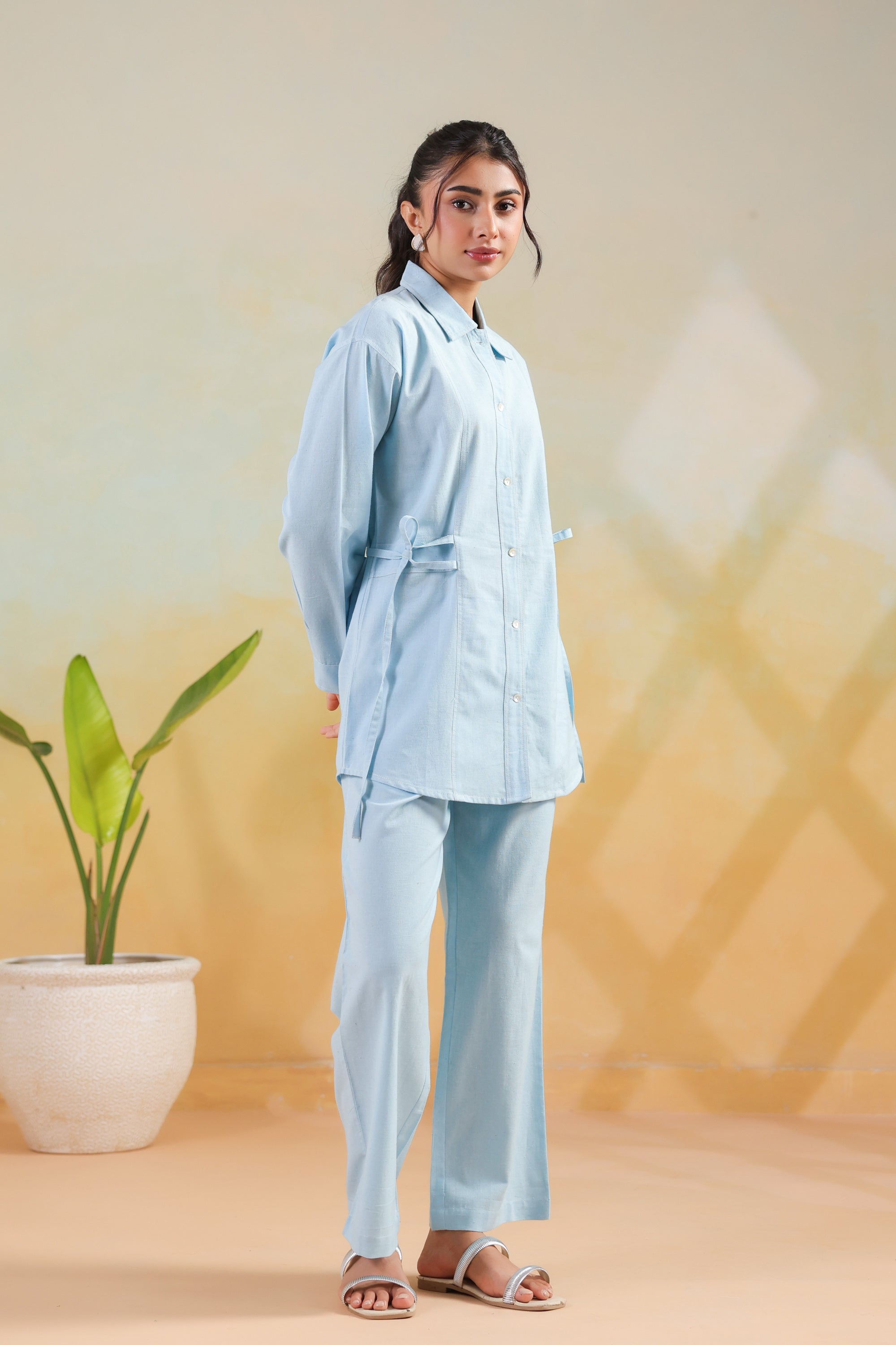Sky Blue Solid Cotton Flex Shirt Style Waist-Tie Co-ord Set