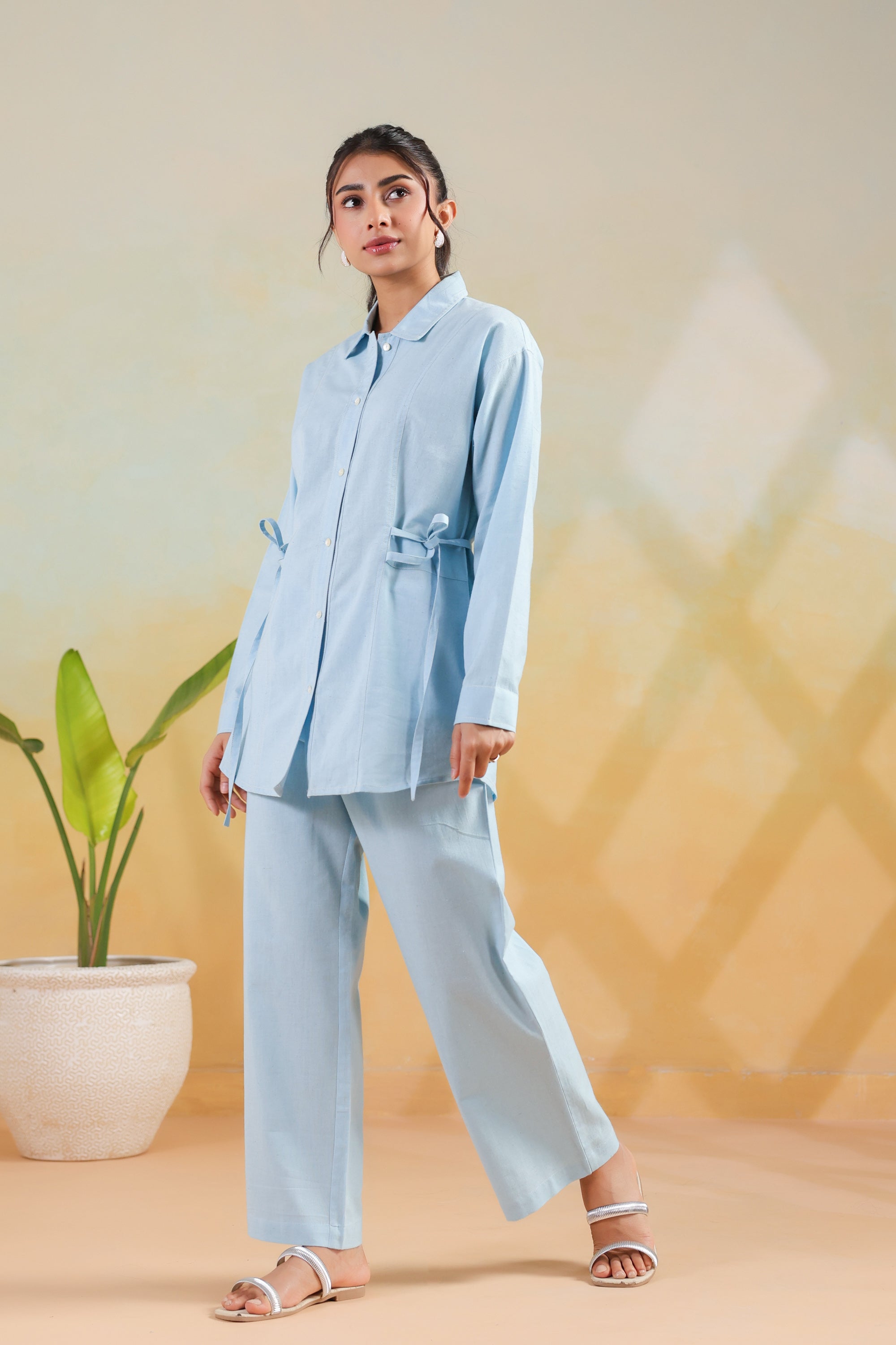 Sky Blue Solid Cotton Flex Shirt Style Waist-Tie Co-ord Set