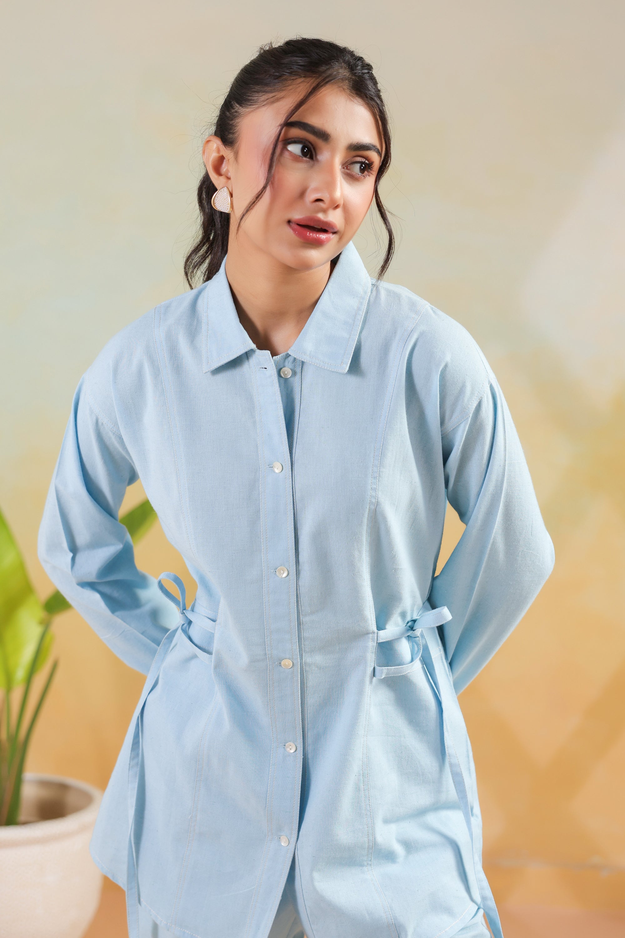 Sky Blue Solid Cotton Flex Shirt Style Waist-Tie Co-ord Set