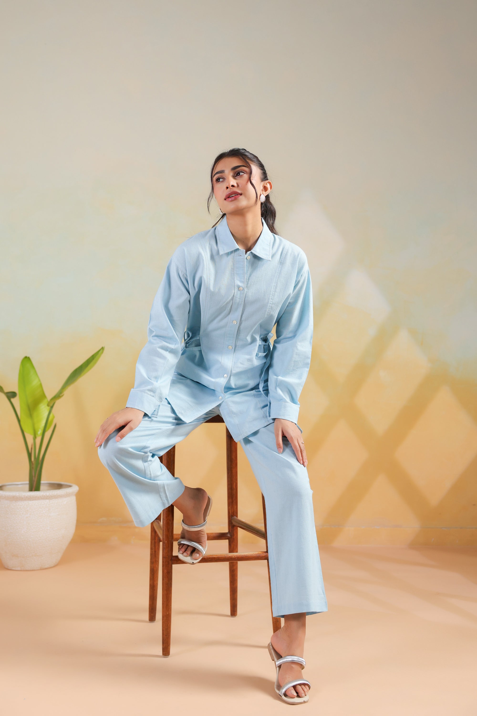 Sky Blue Solid Cotton Flex Shirt Style Waist-Tie Co-ord Set