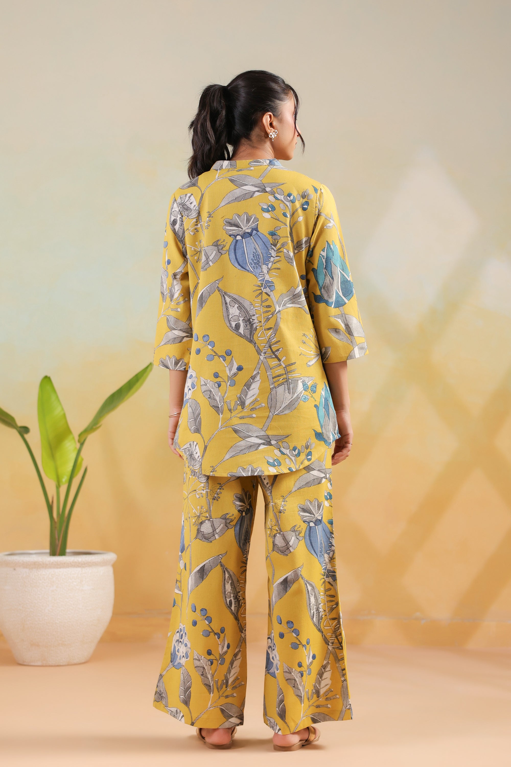 Mustard Sunshine Floral Leaf Printed Regular Fit Cotton Flex Co-ord Set