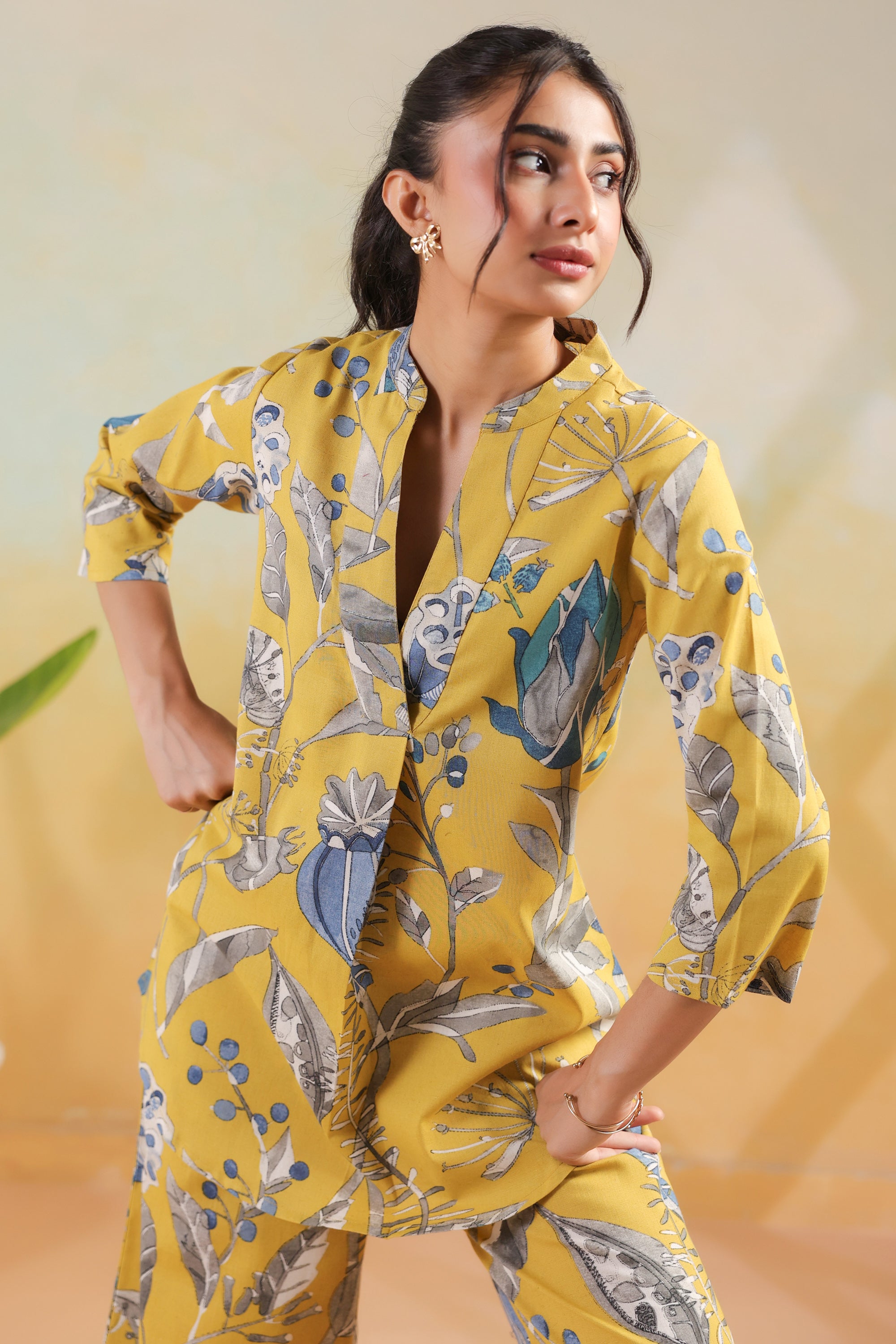 Mustard Sunshine Floral Leaf Printed Regular Fit Cotton Flex Co-ord Set