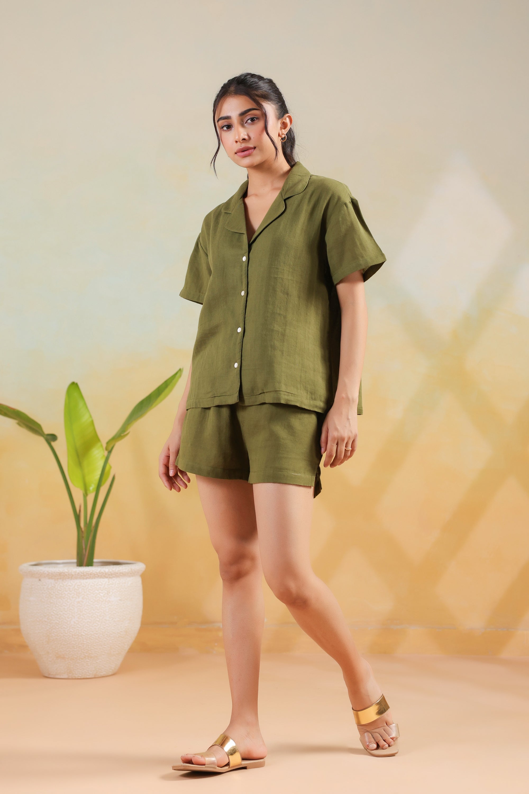 Solid Cotton Olive Short Sleeve Relaxed Fit Shorts Night Suit Set