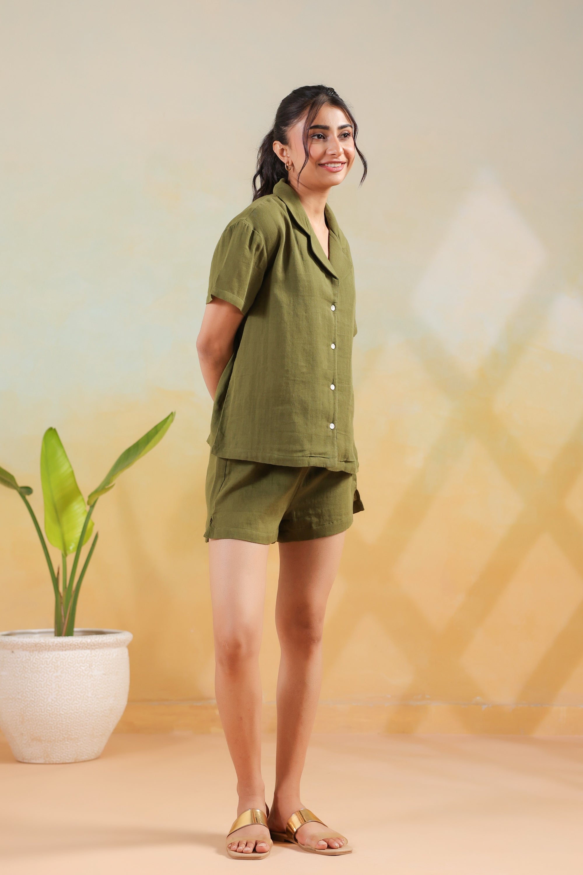 Solid Cotton Olive Short Sleeve Relaxed Fit Shorts Night Suit Set