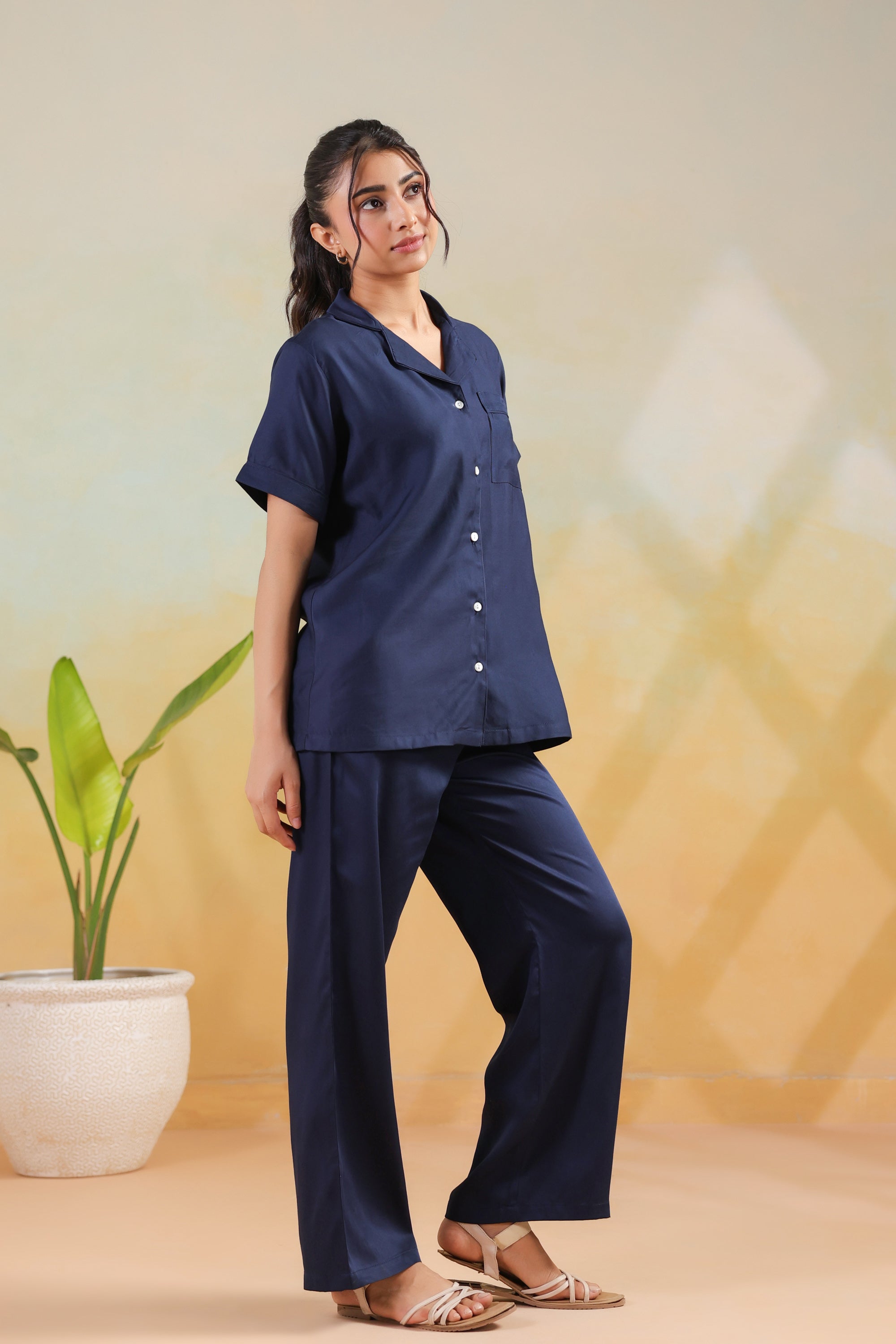 Navy Blue Solid Cotton Short Sleeve Shirt Button-Down Night Suit Set
