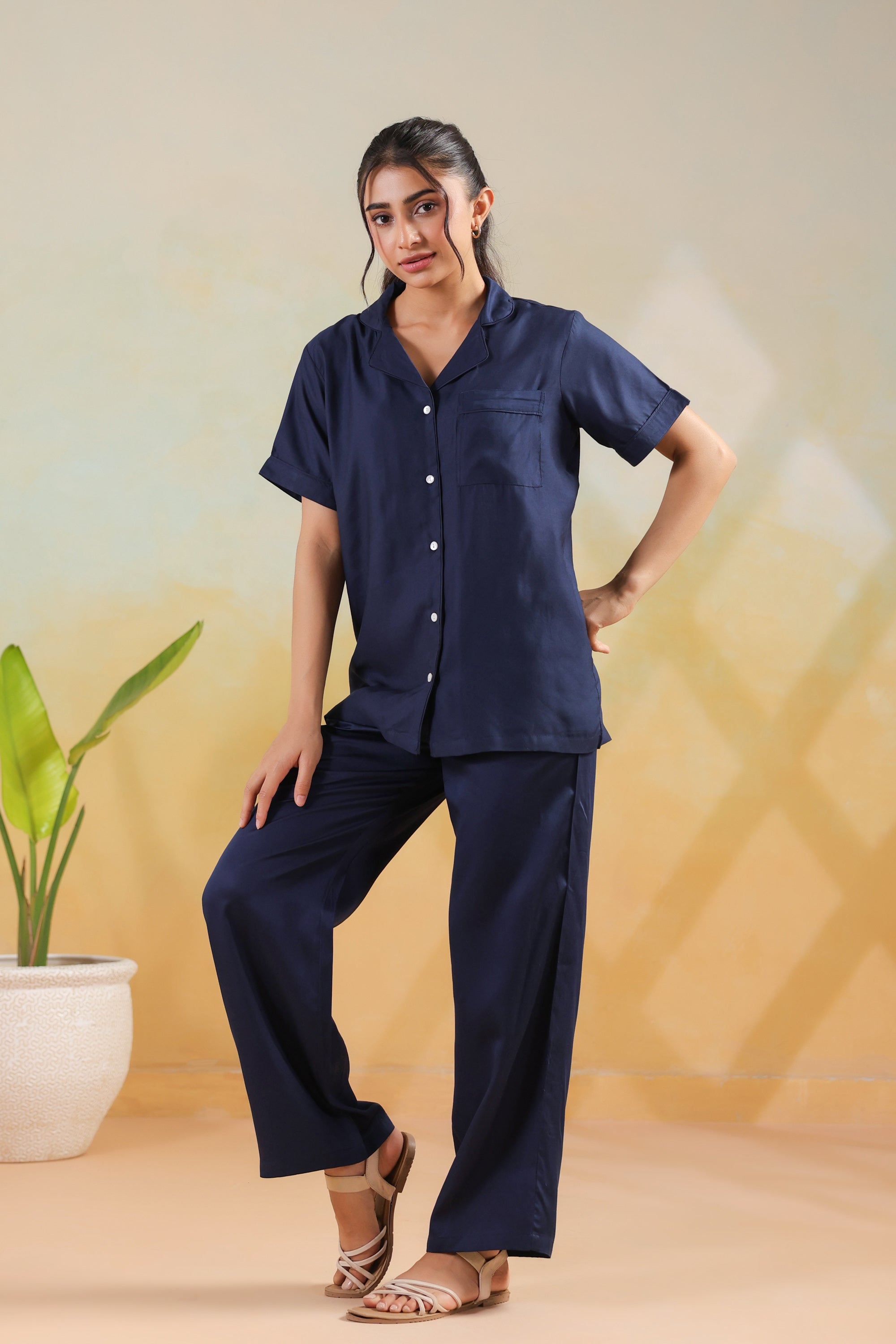 Navy Blue Solid Cotton Short Sleeve Shirt Button-Down Night Suit Set