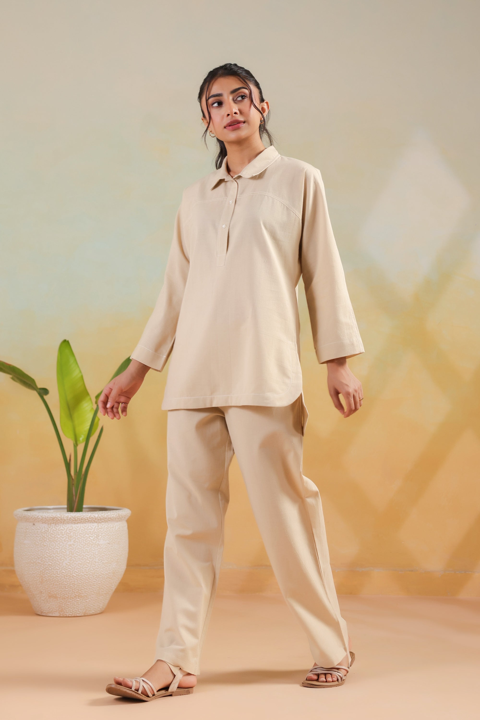 Beige Solid Cotton Flex Shirt Style Everyday Comfort Co-ord Set