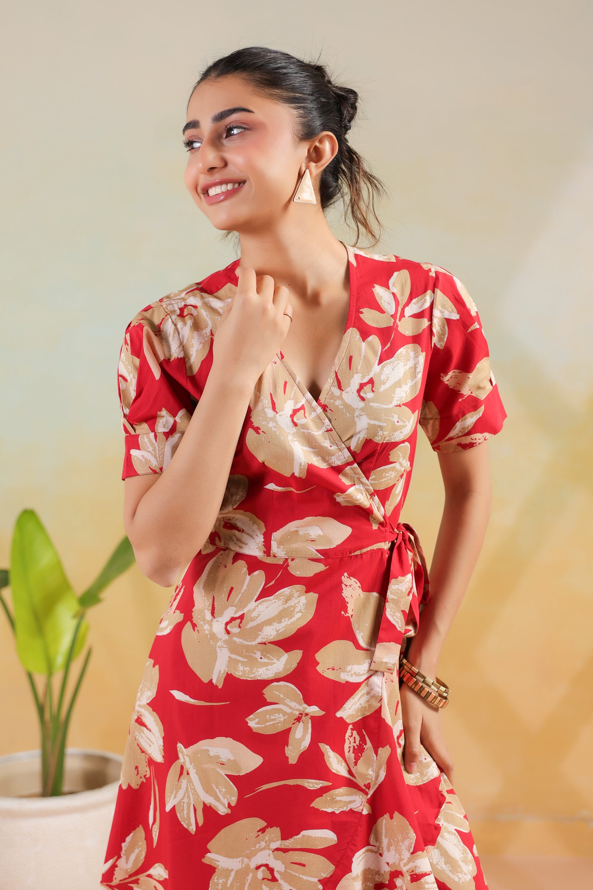 Red Floral Printed Cotton Wrap Style Dress with Tie Detail