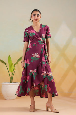 Purple Printed Cotton Floral A-Line Dress with Tie Detail