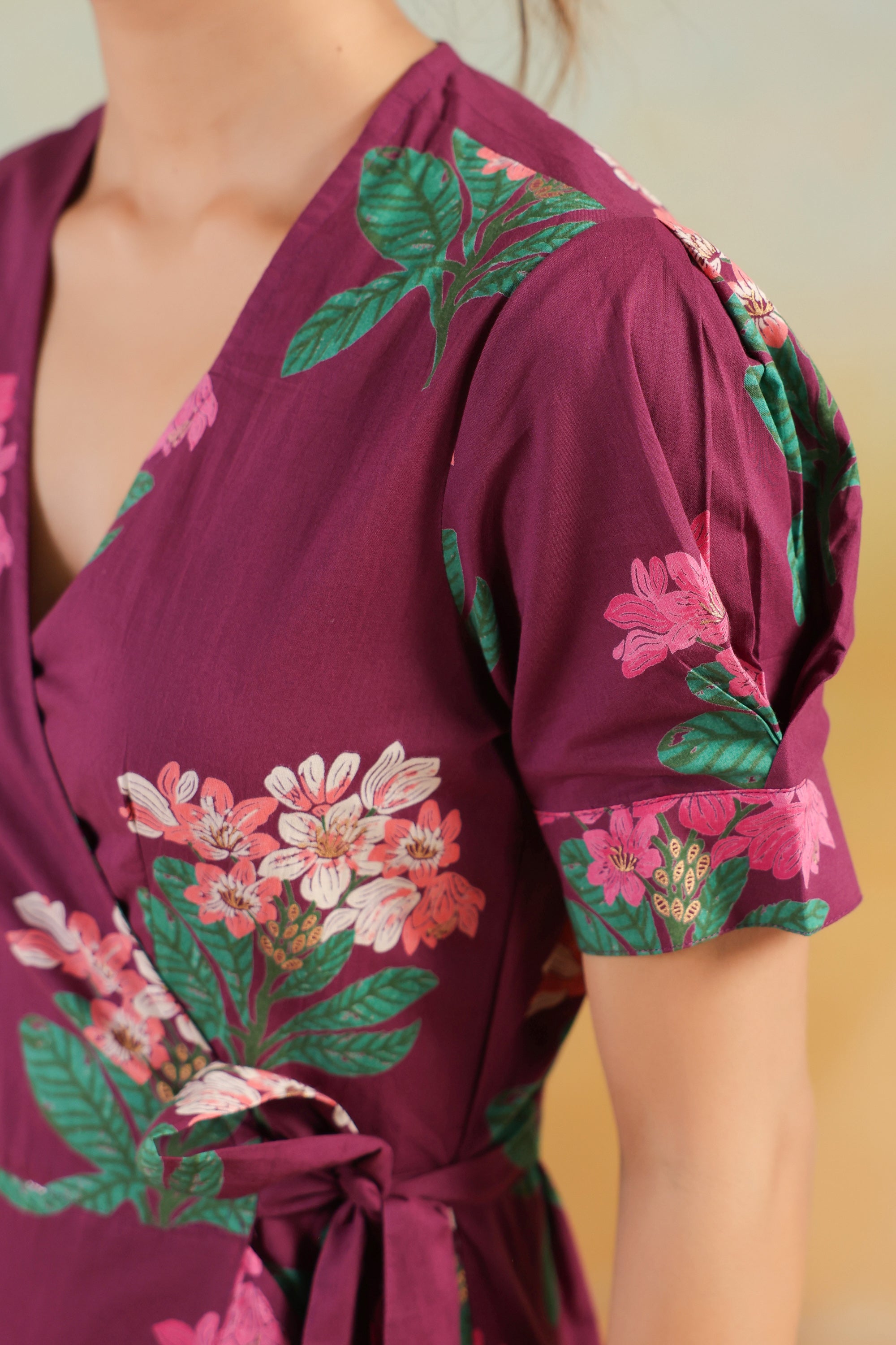 Purple Printed Cotton Floral A-Line Dress with Tie Detail