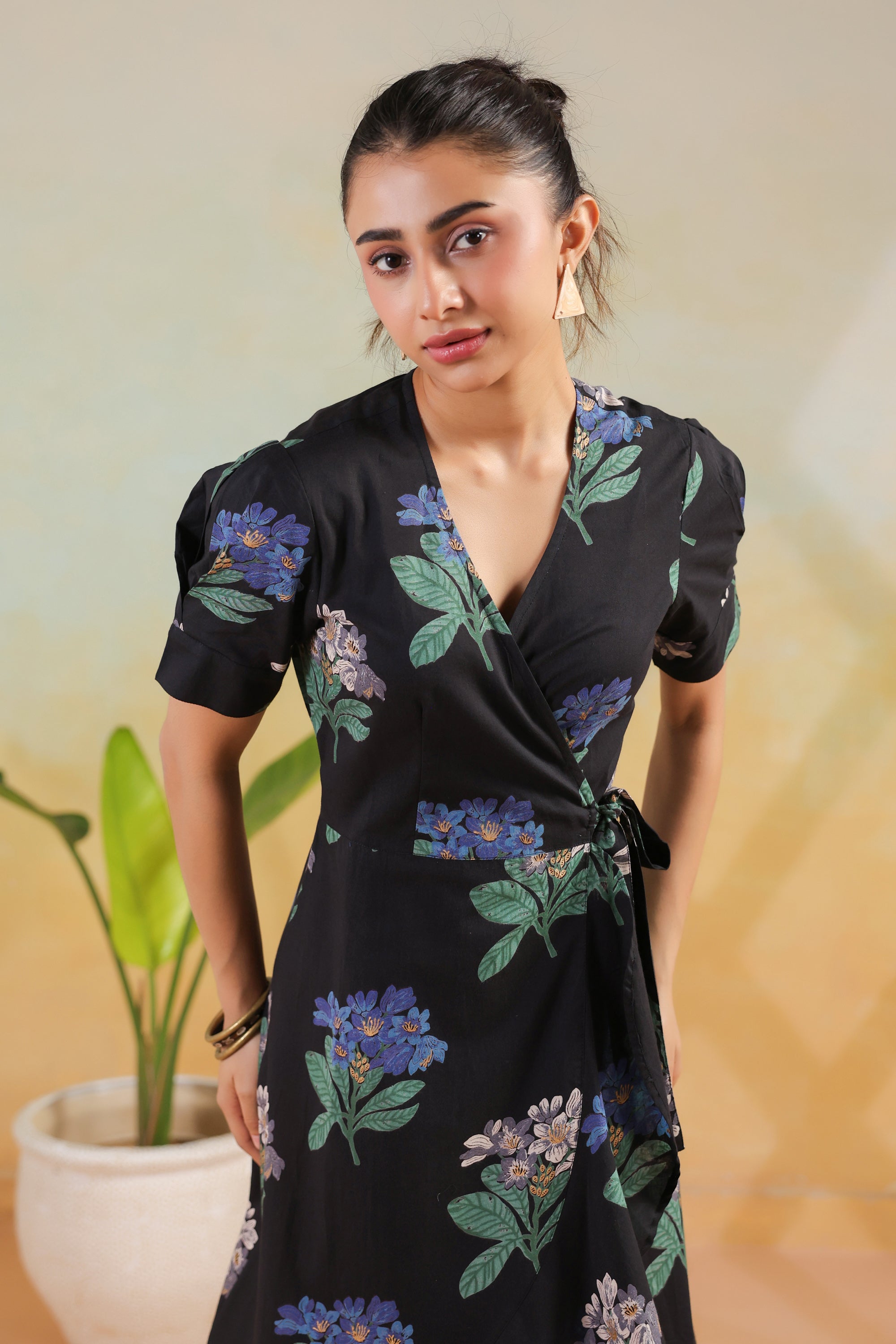 Black Printed Printed Cotton Blossom Wrap Dress with Tie Detail