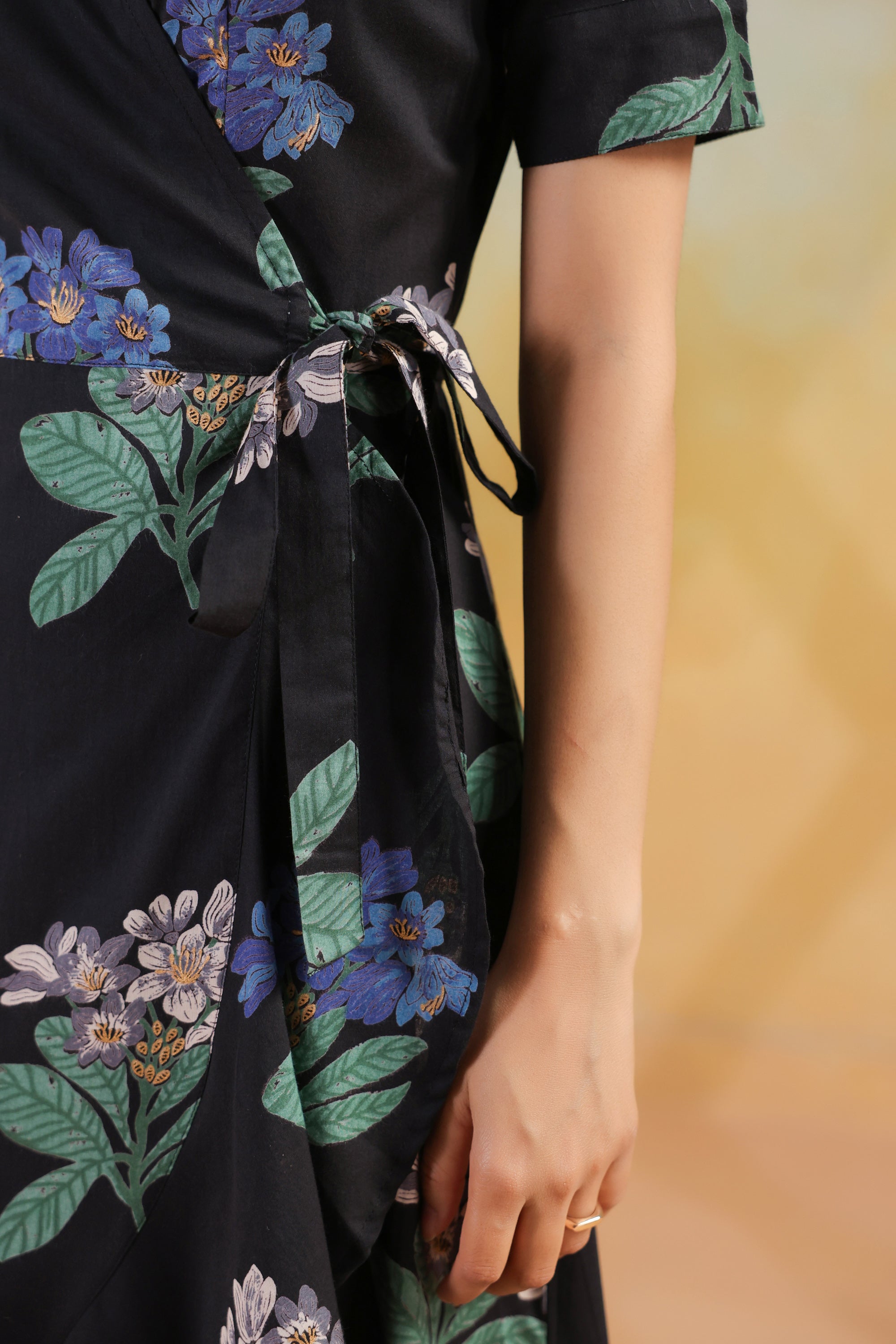 Black Printed Printed Cotton Blossom Wrap Dress with Tie Detail