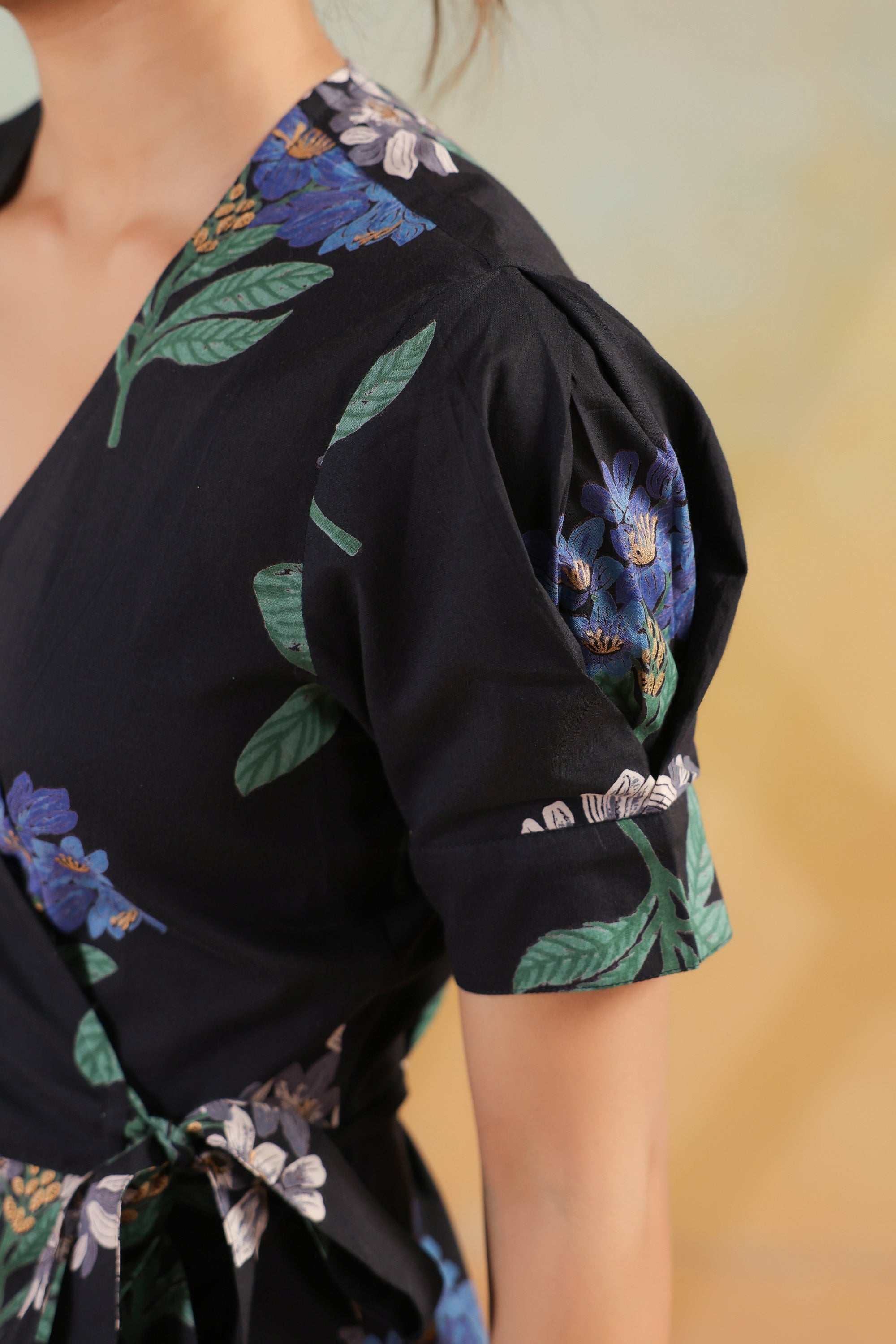 Black Printed Printed Cotton Blossom Wrap Dress with Tie Detail