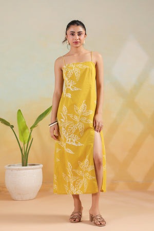 Mustard Leaf Printed Cotton Back Strappy Lace-Up Dress