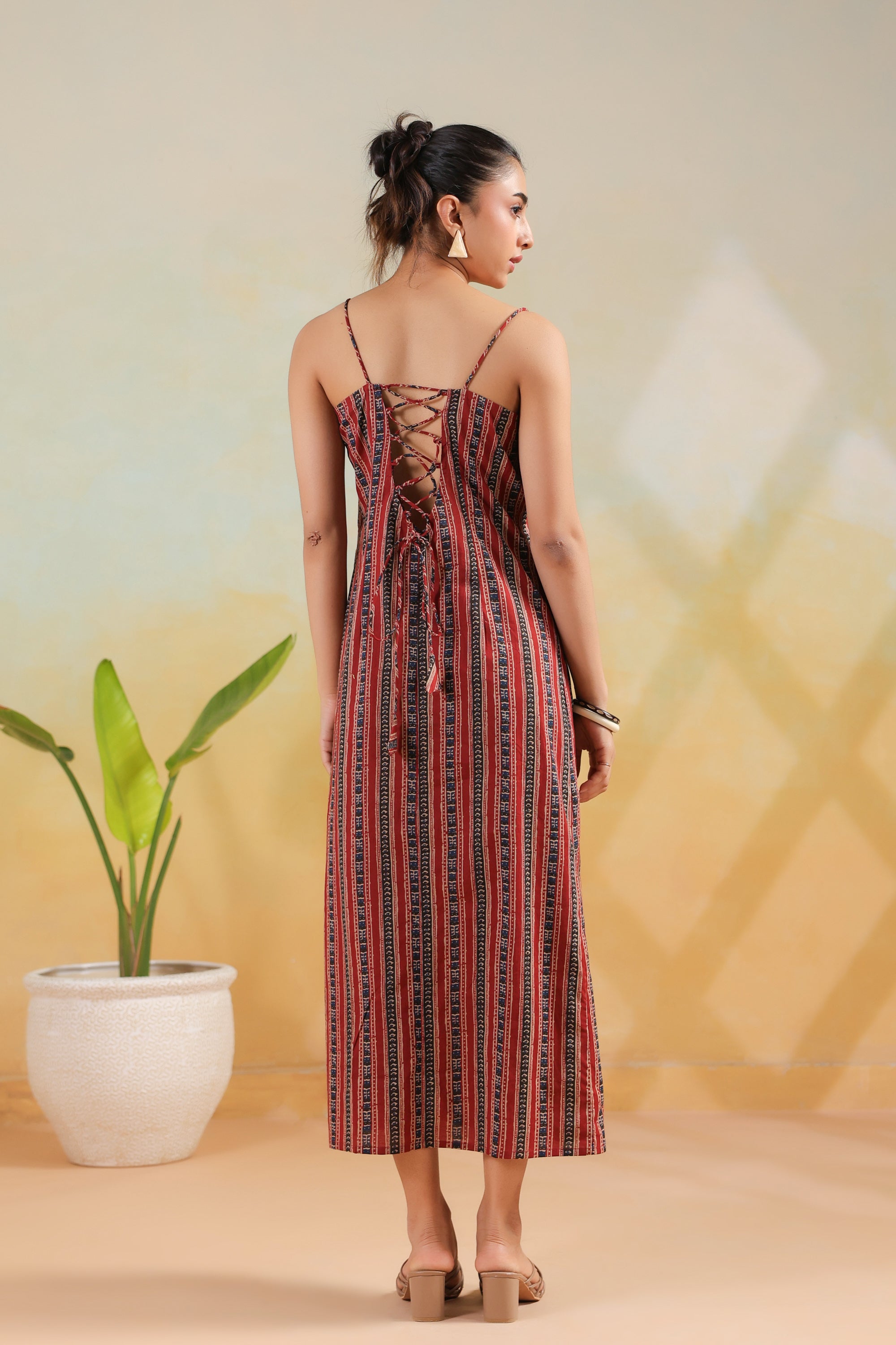 Maroon Tribal Stripe Printed Cotton Back Lace-Up  Dress