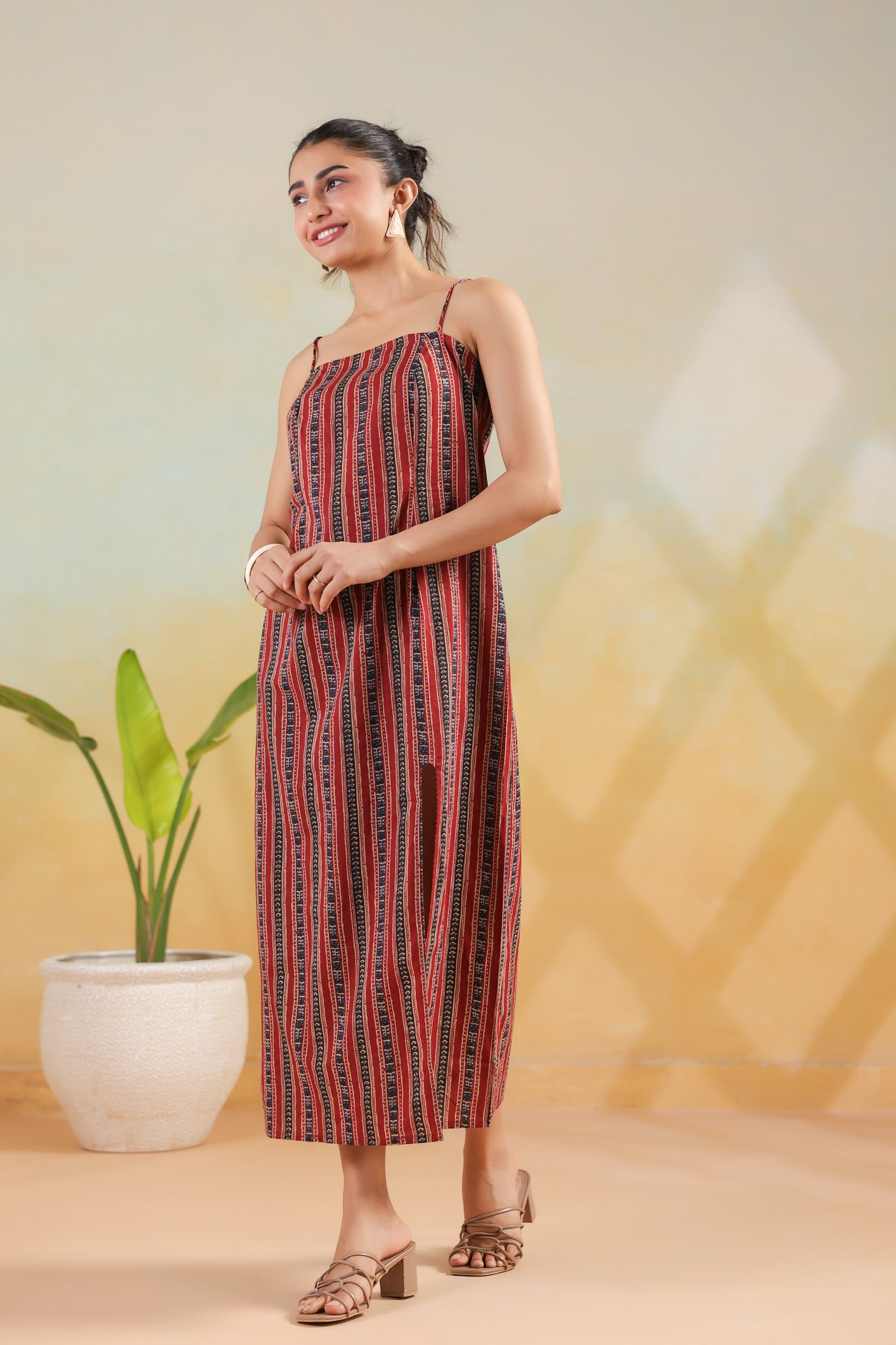 Maroon Tribal Stripe Printed Cotton Back Lace-Up  Dress