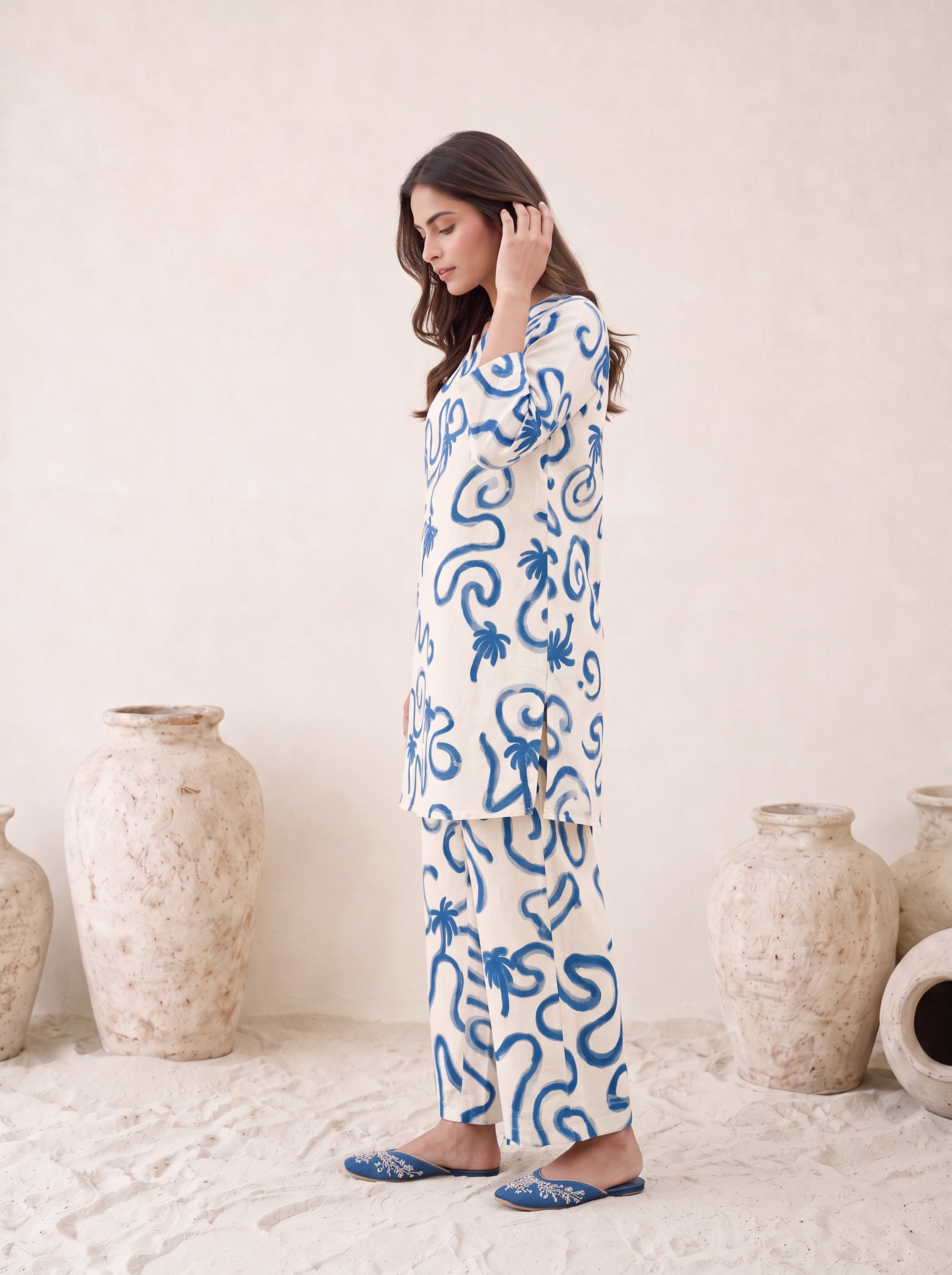 Off White Blue Wave Print Cotton Flex Co-ord Set