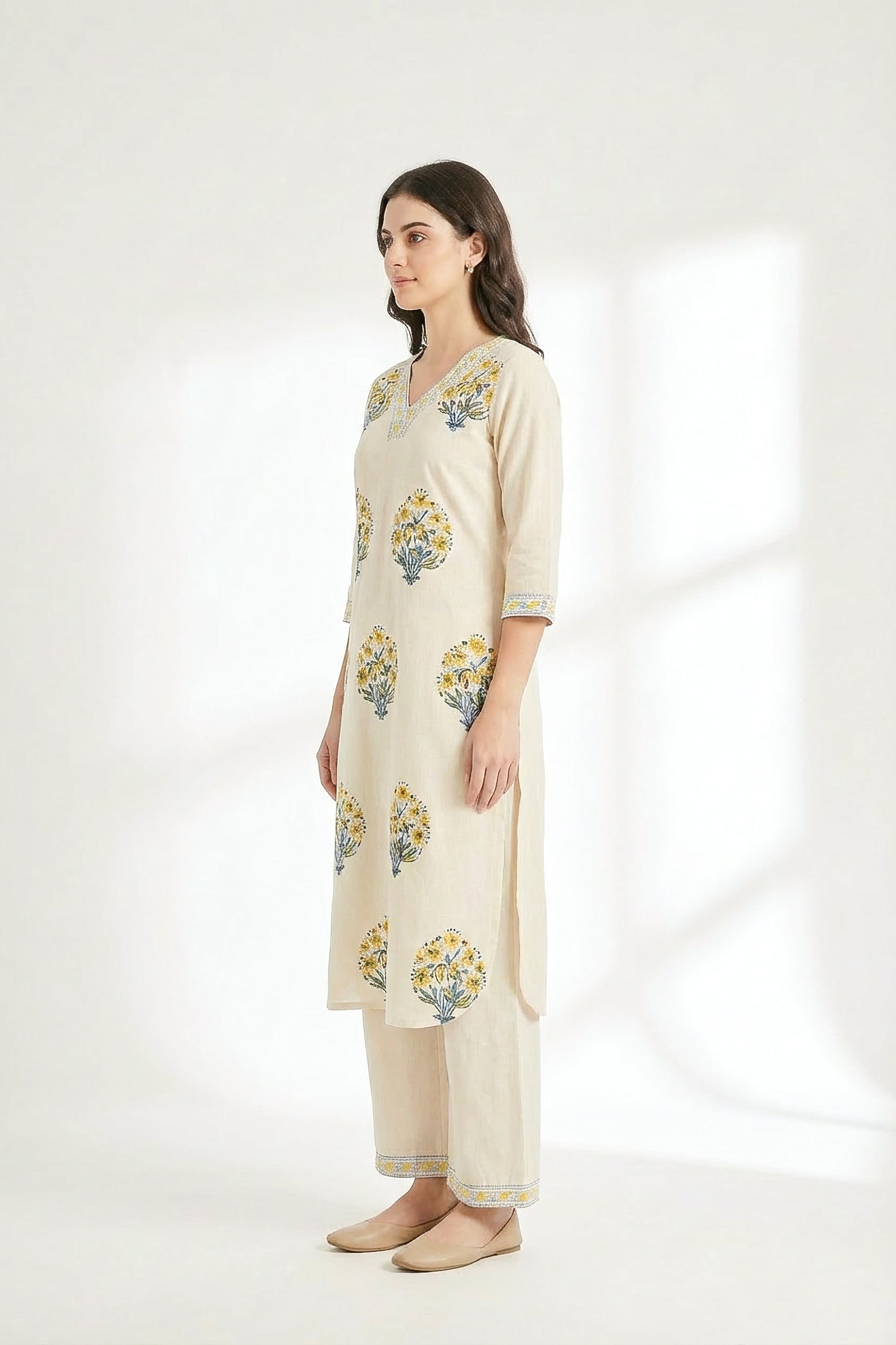 Classic Ivory & Mustard Botanical Printed Kurta Pant Set