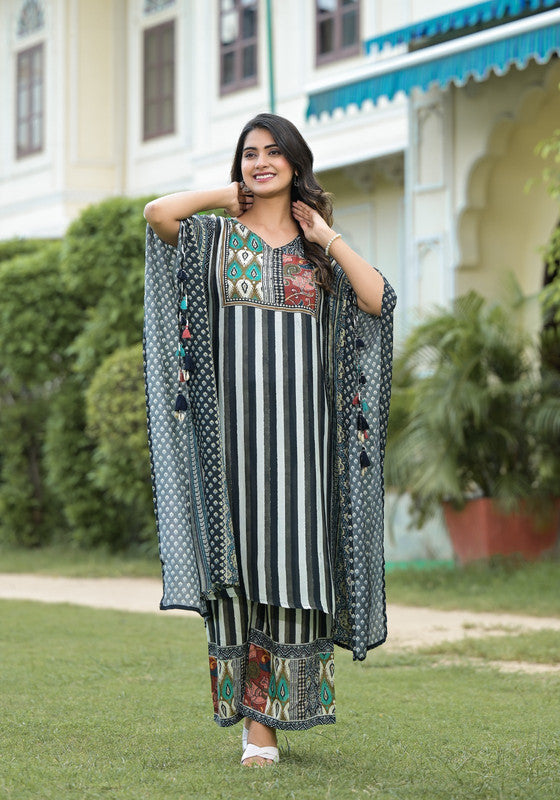 Black & Ivory Striped Printed Kaftan Set