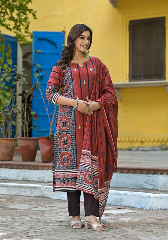 Classic Rust Red Ethnic Motif Printed Kurta Set with Dupatta