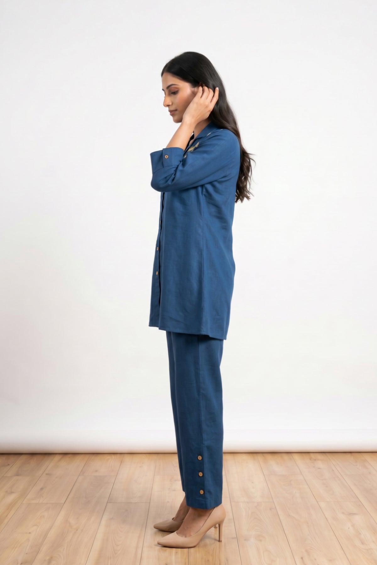 Teal Casual Chic Leaf Embroidered Cotton Co-ord Set